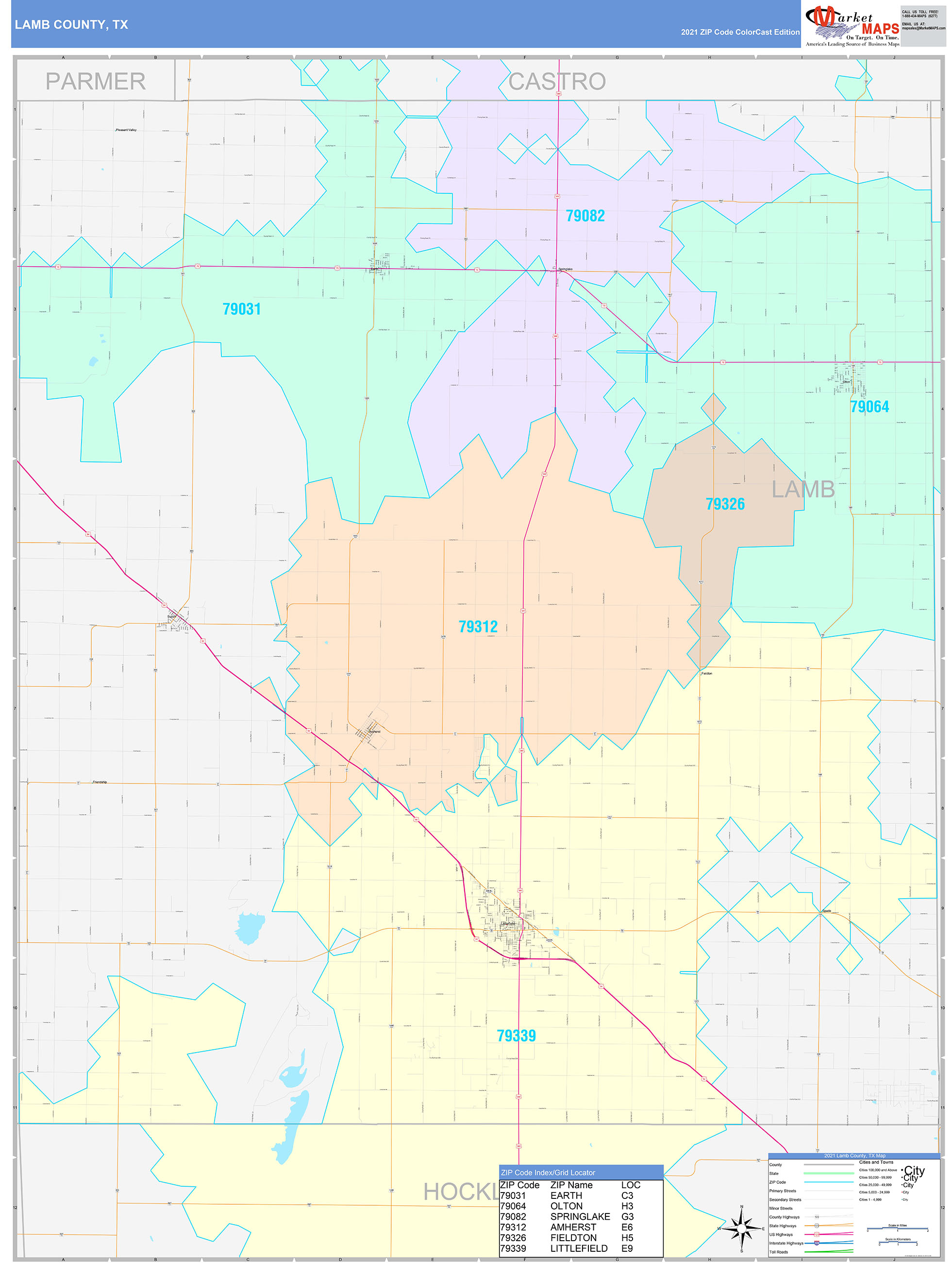 Lamb County, TX Wall Map Color Cast Style by MarketMAPS