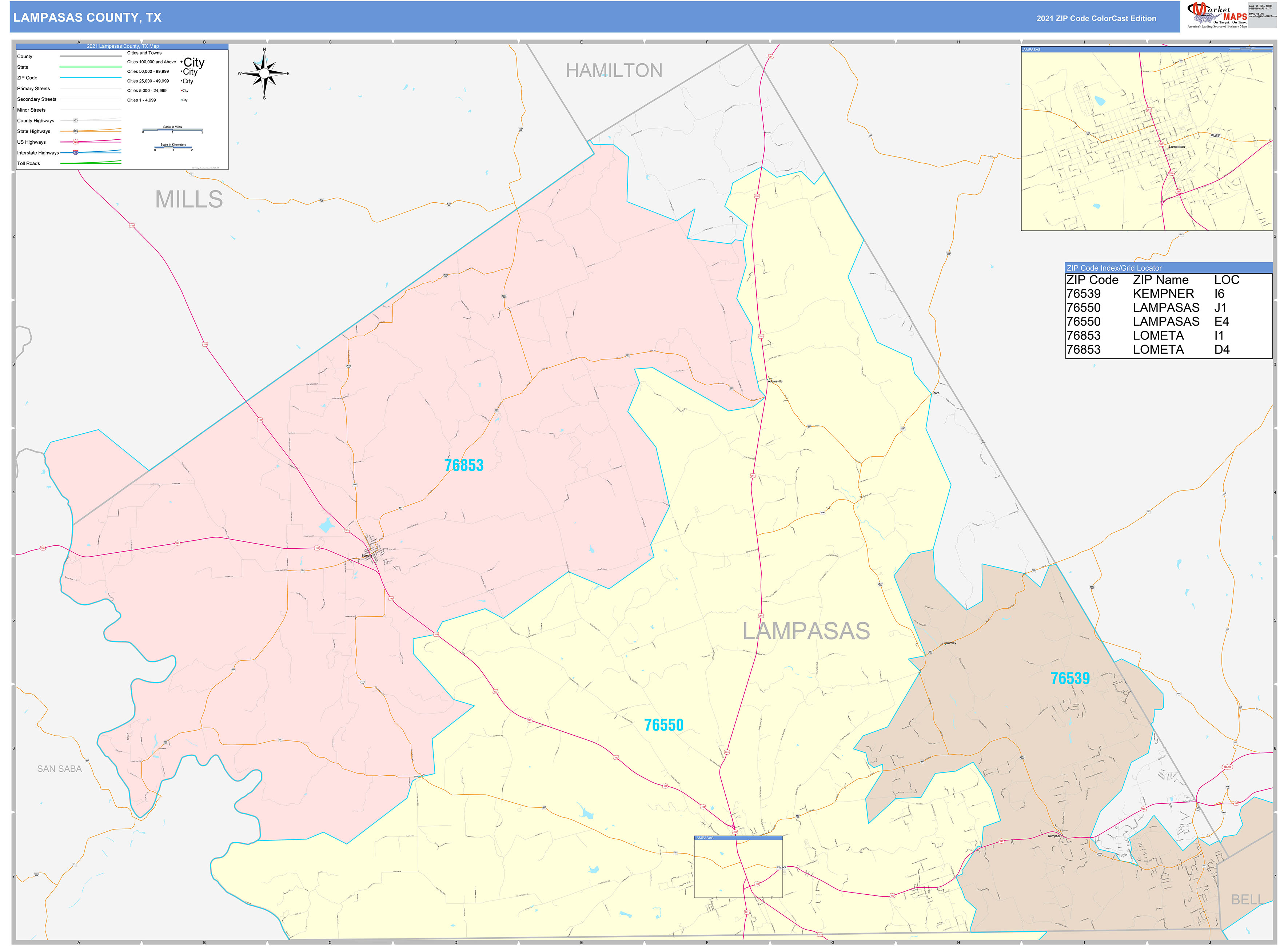 Lampasas County, TX Wall Map Color Cast Style by MarketMAPS