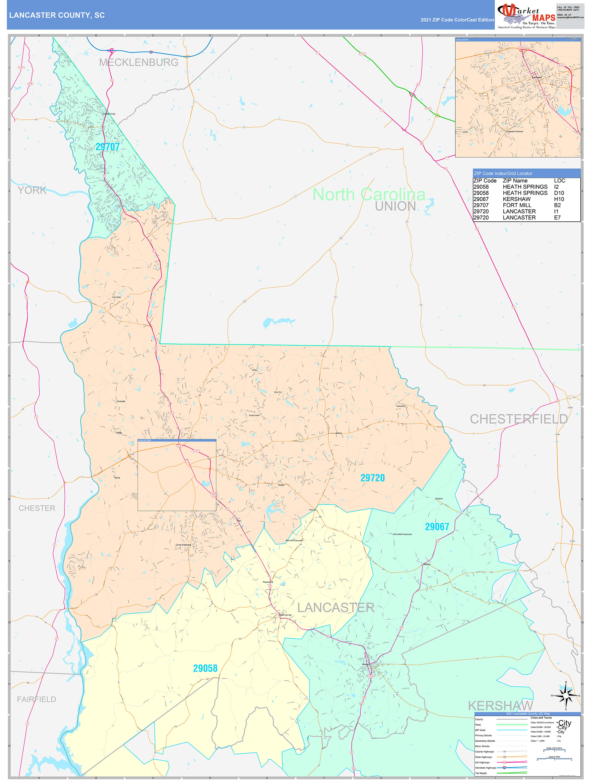 Lancaster County, SC Wall Map Color Cast Style by MarketMAPS