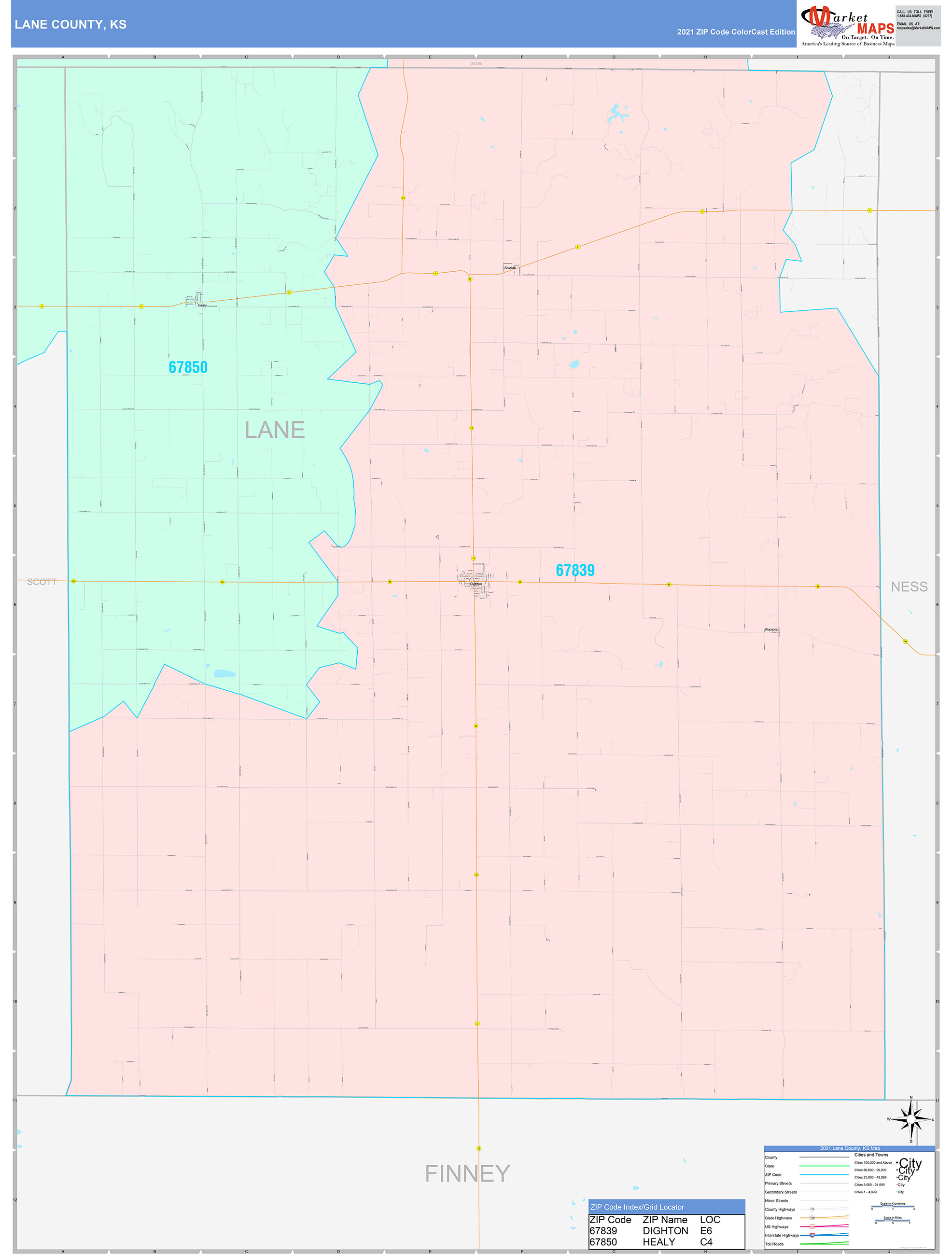 Lane County, KS Wall Map Color Cast Style by MarketMAPS