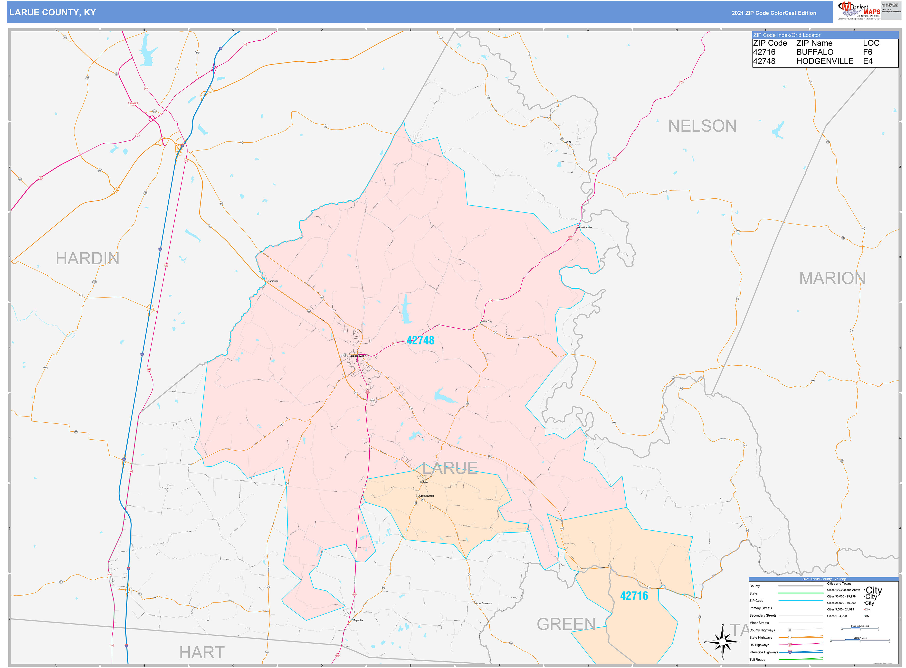 Larue County, KY Wall Map Color Cast Style by MarketMAPS
