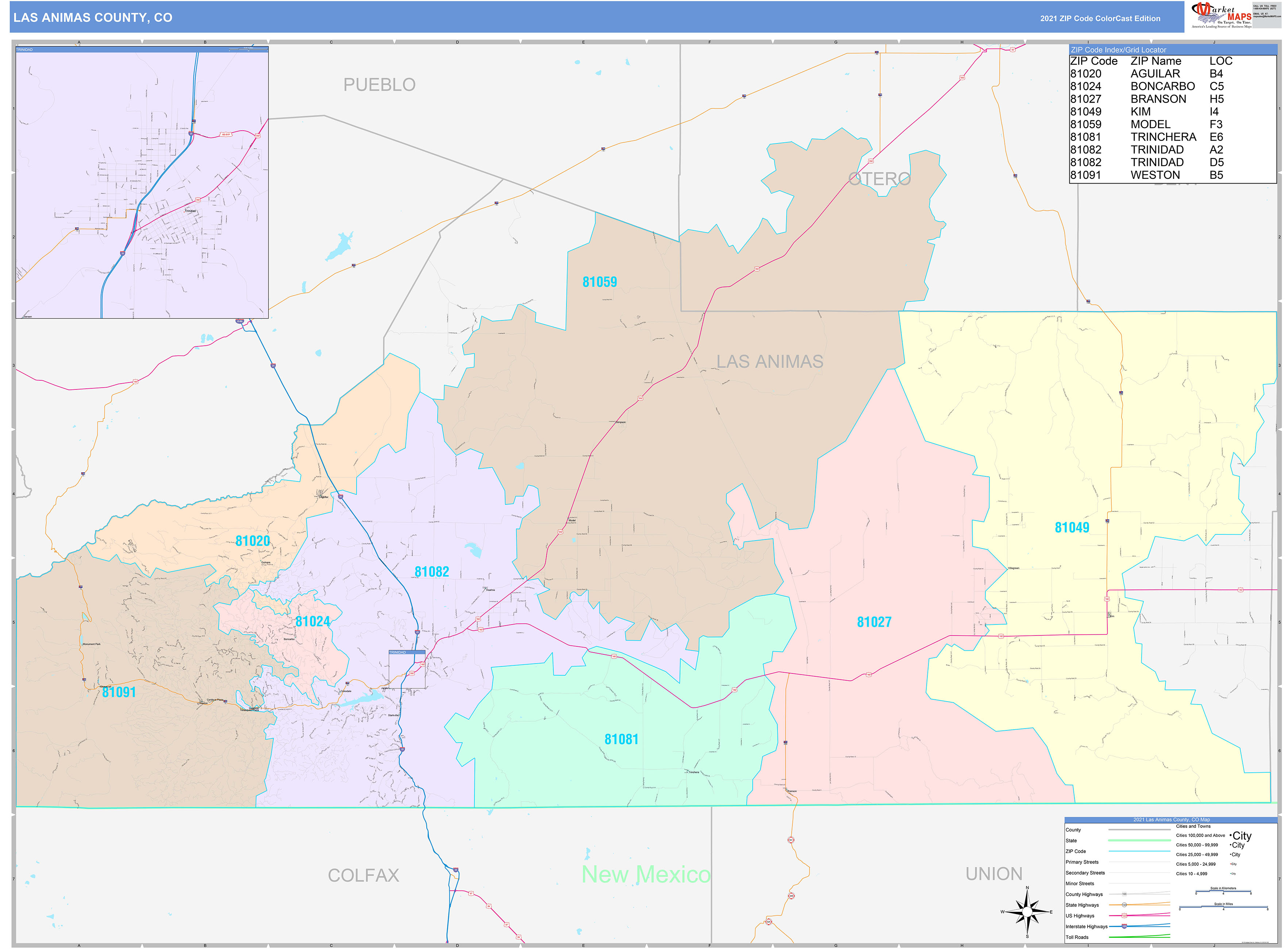 Las Animas County, CO Wall Map Color Cast Style by MarketMAPS