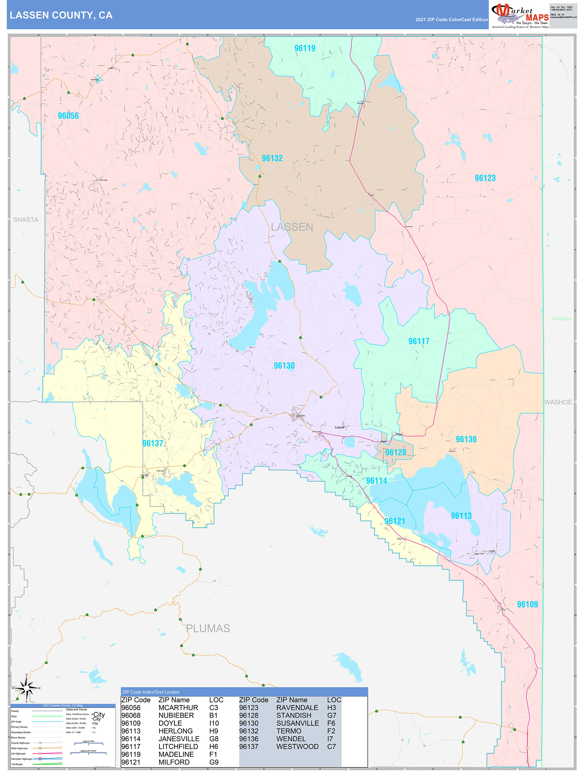 Lassen County, CA Wall Map Color Cast Style by MarketMAPS