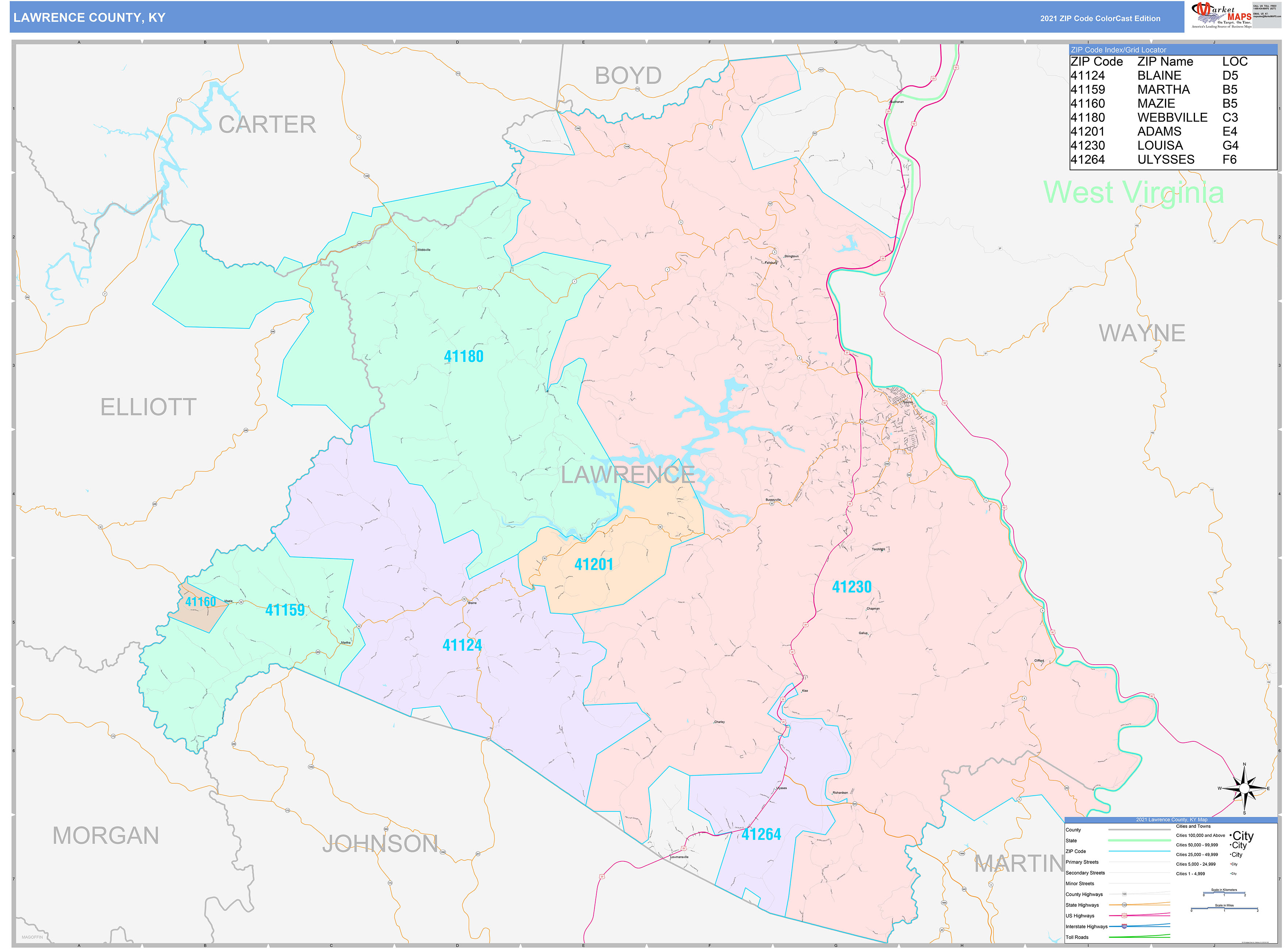 Lawrence County, KY Wall Map Color Cast Style by MarketMAPS MapSales