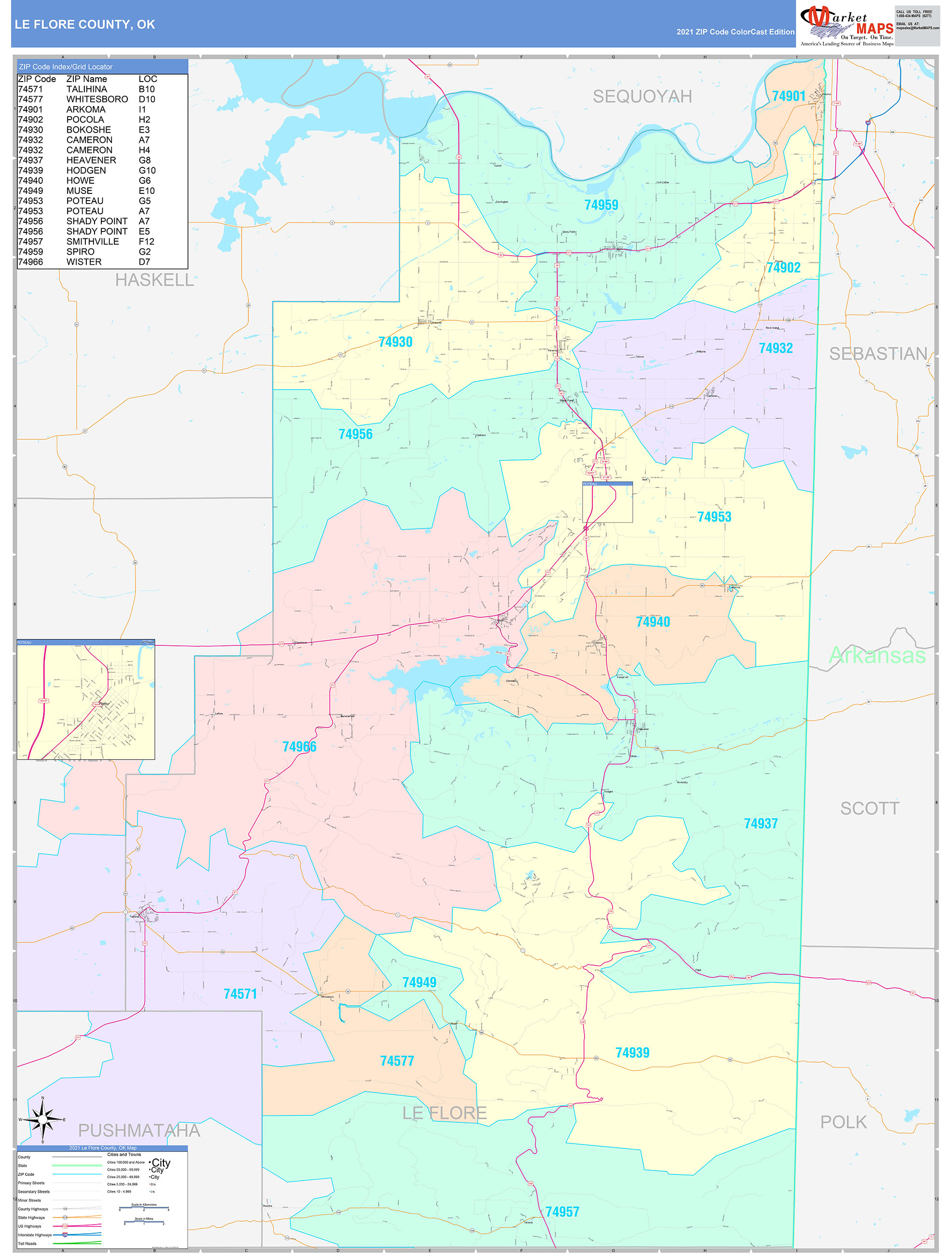 Le Flore County, OK Wall Map Color Cast Style by MarketMAPS