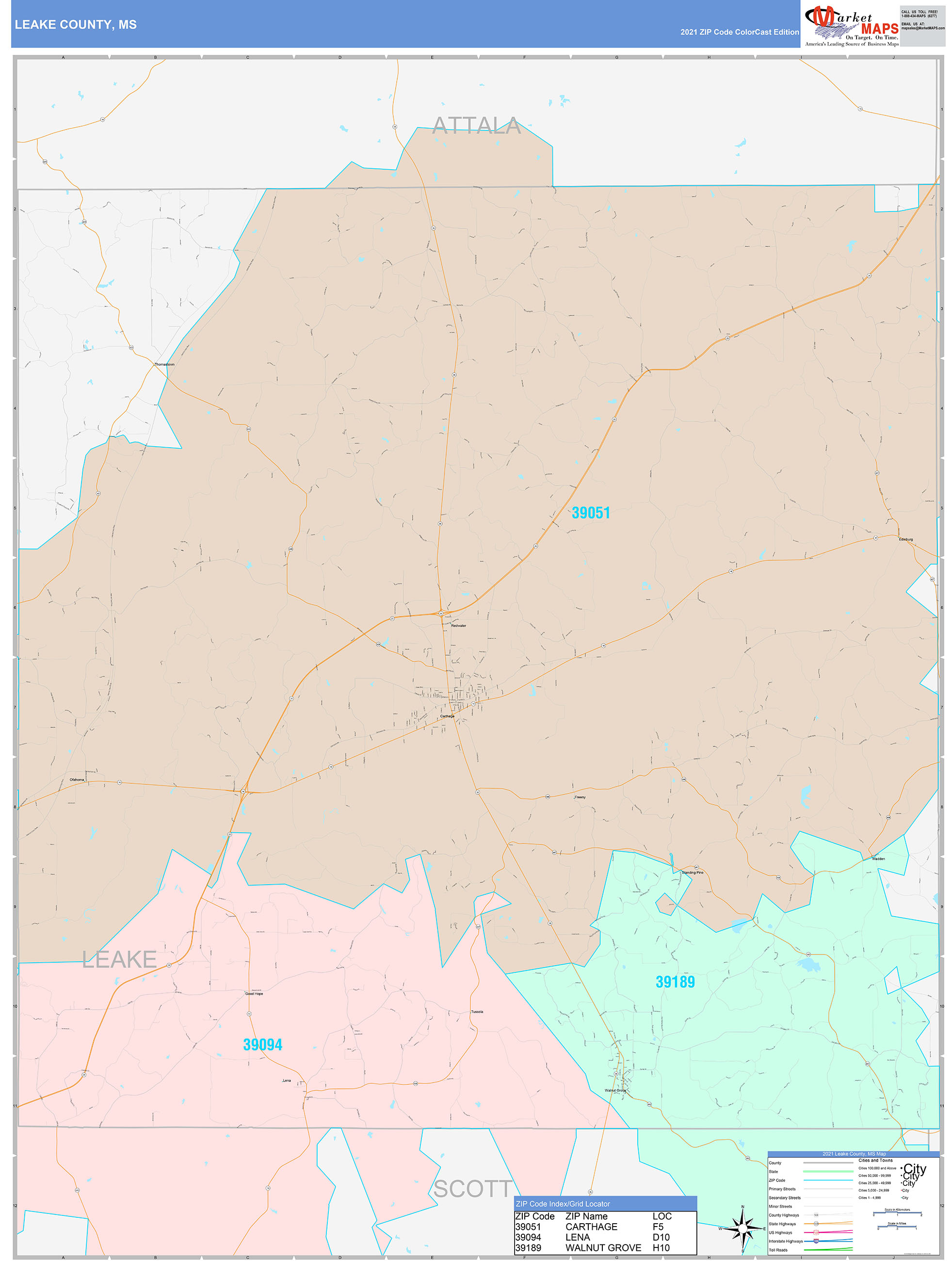 Leake County, MS Wall Map Color Cast Style by MarketMAPS MapSales