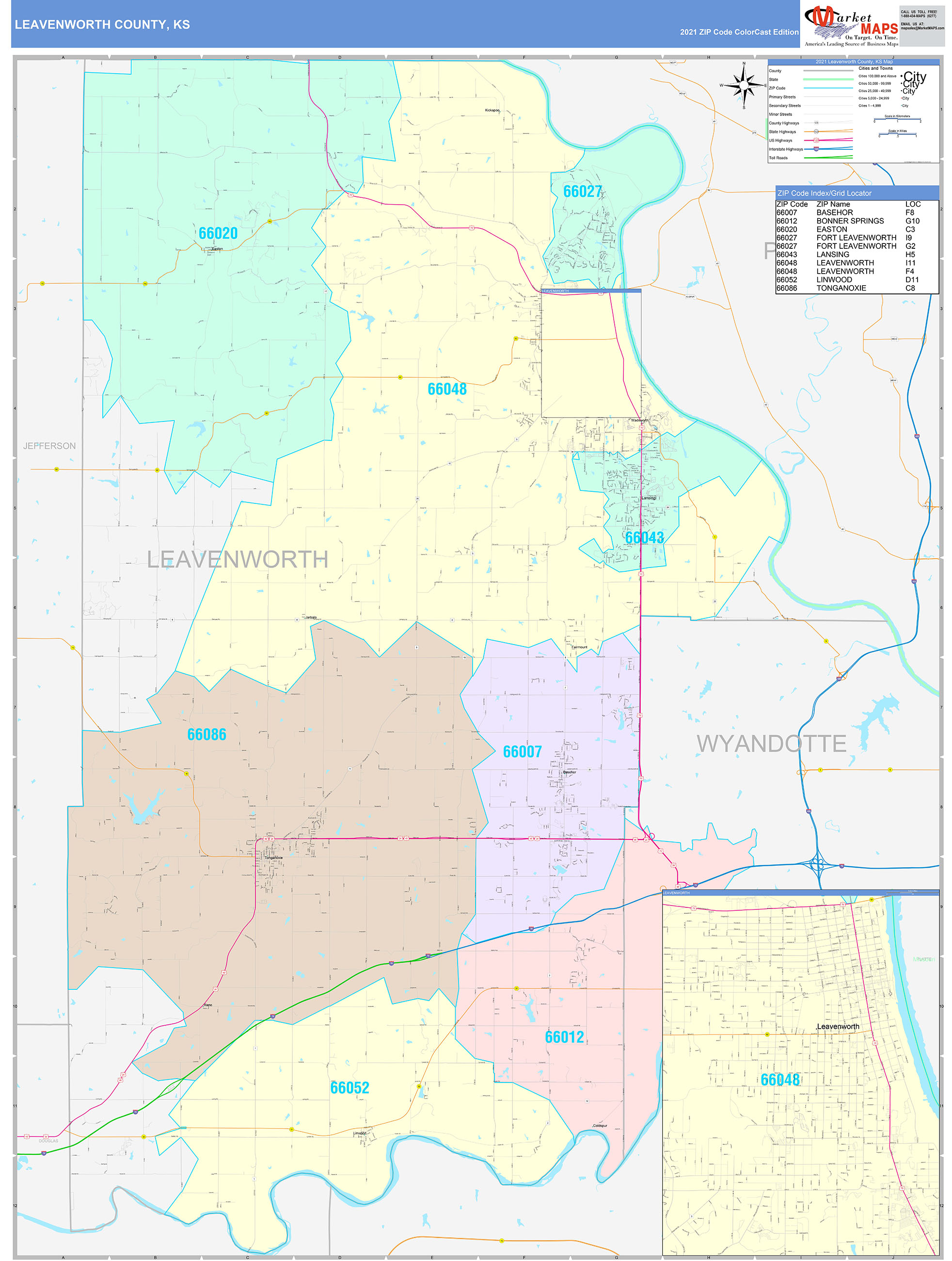 Leavenworth County, KS Wall Map Color Cast Style by MarketMAPS MapSales