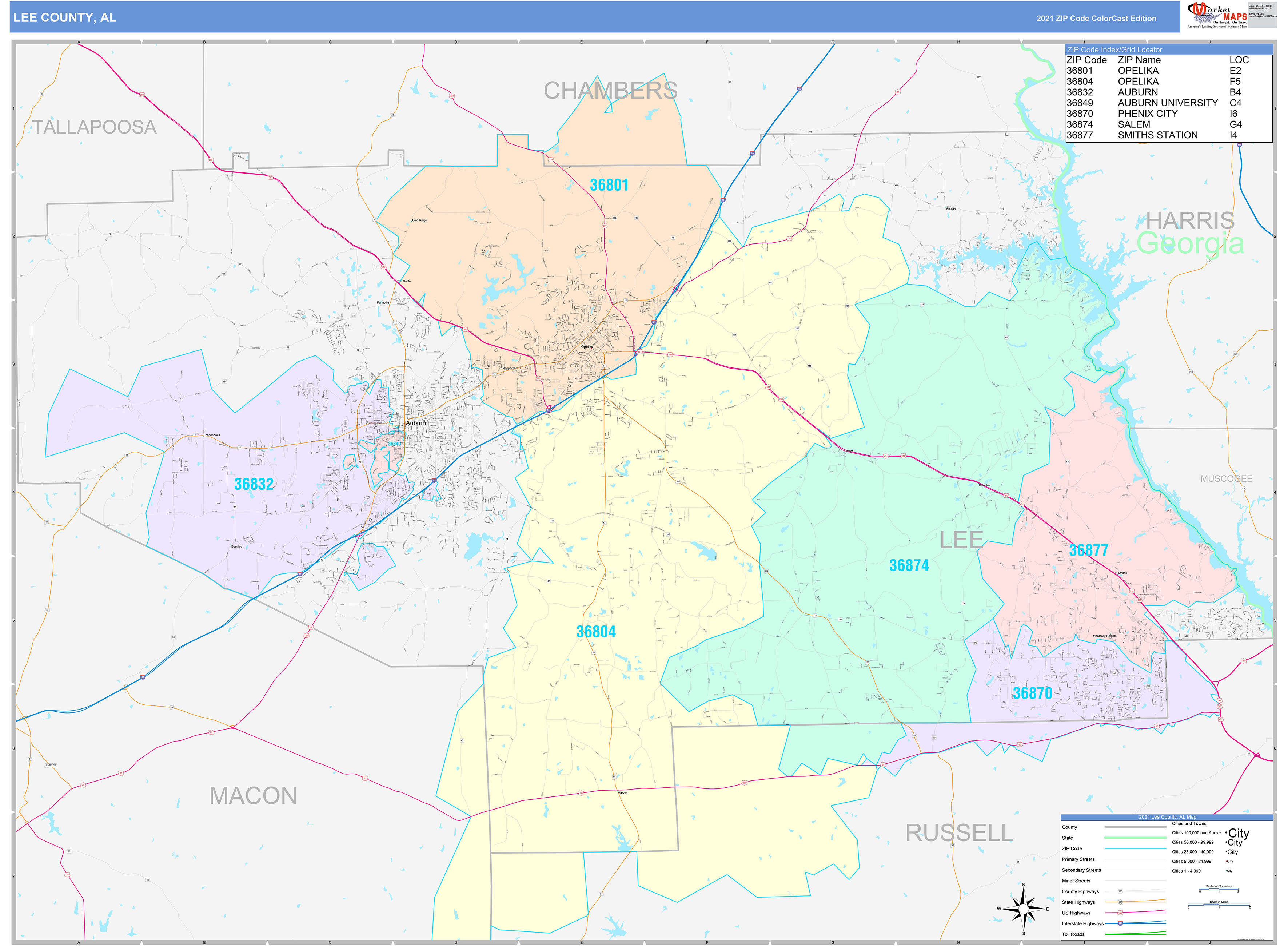 Lee County, AL Wall Map Color Cast Style by MarketMAPS MapSales