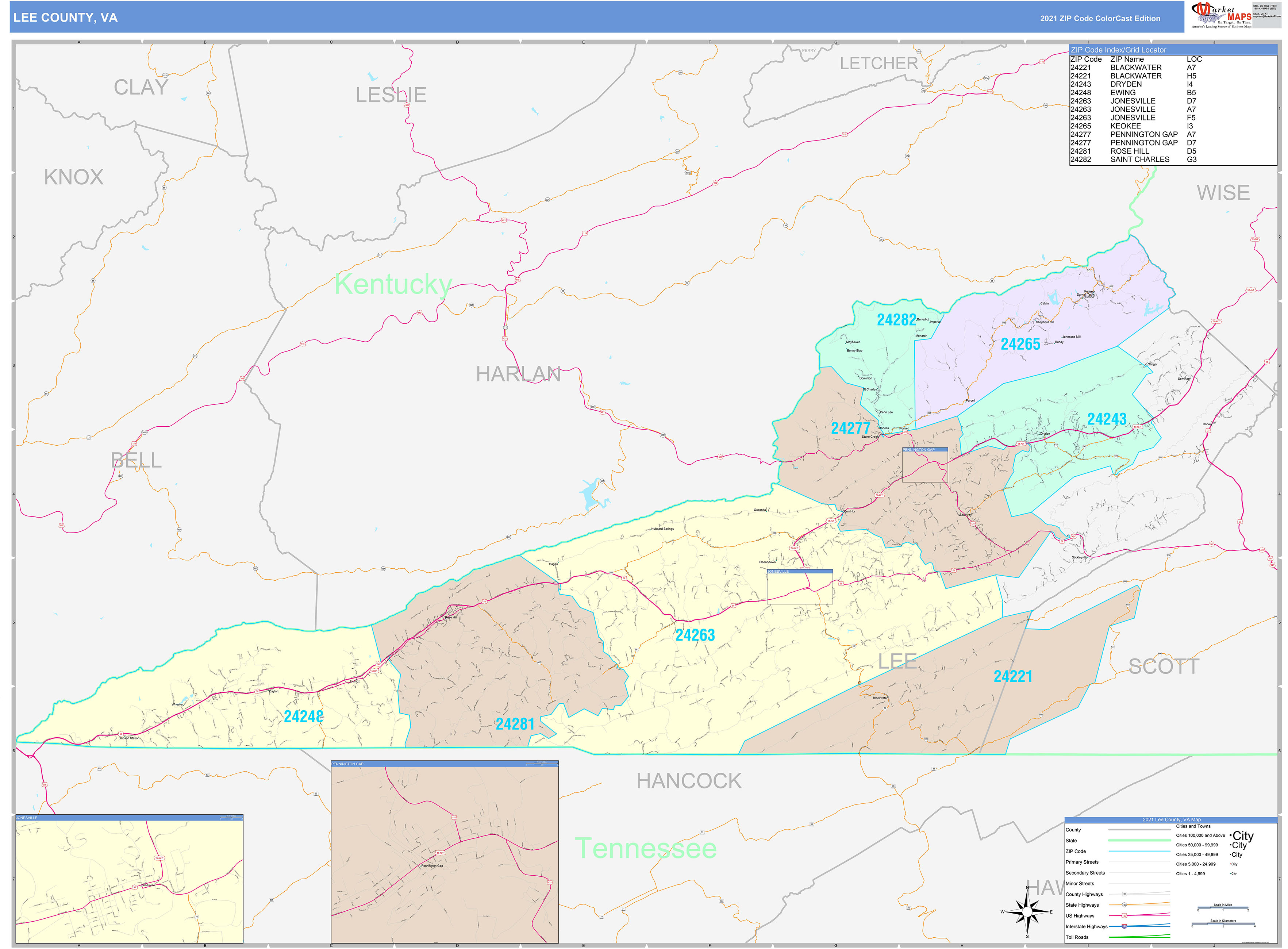 Lee County, VA Wall Map Color Cast Style by MarketMAPS MapSales