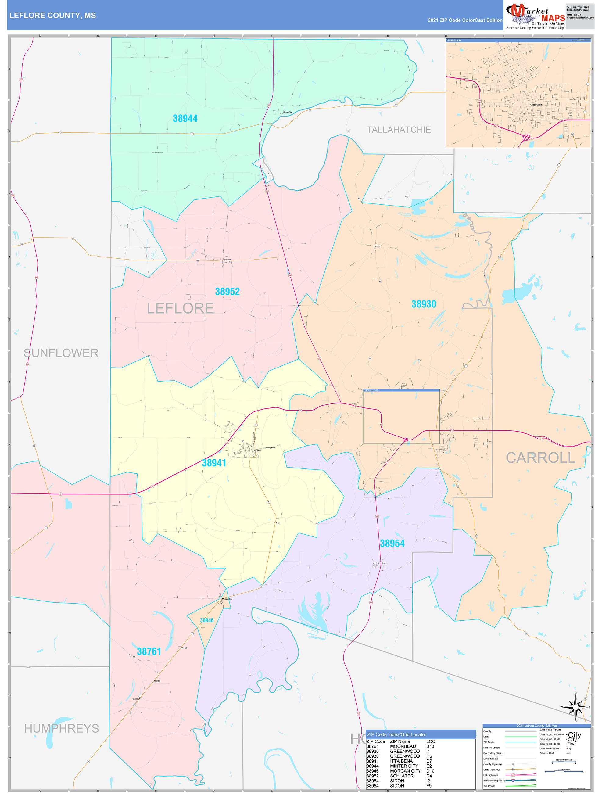 Leflore County, MS Wall Map Color Cast Style by MarketMAPS