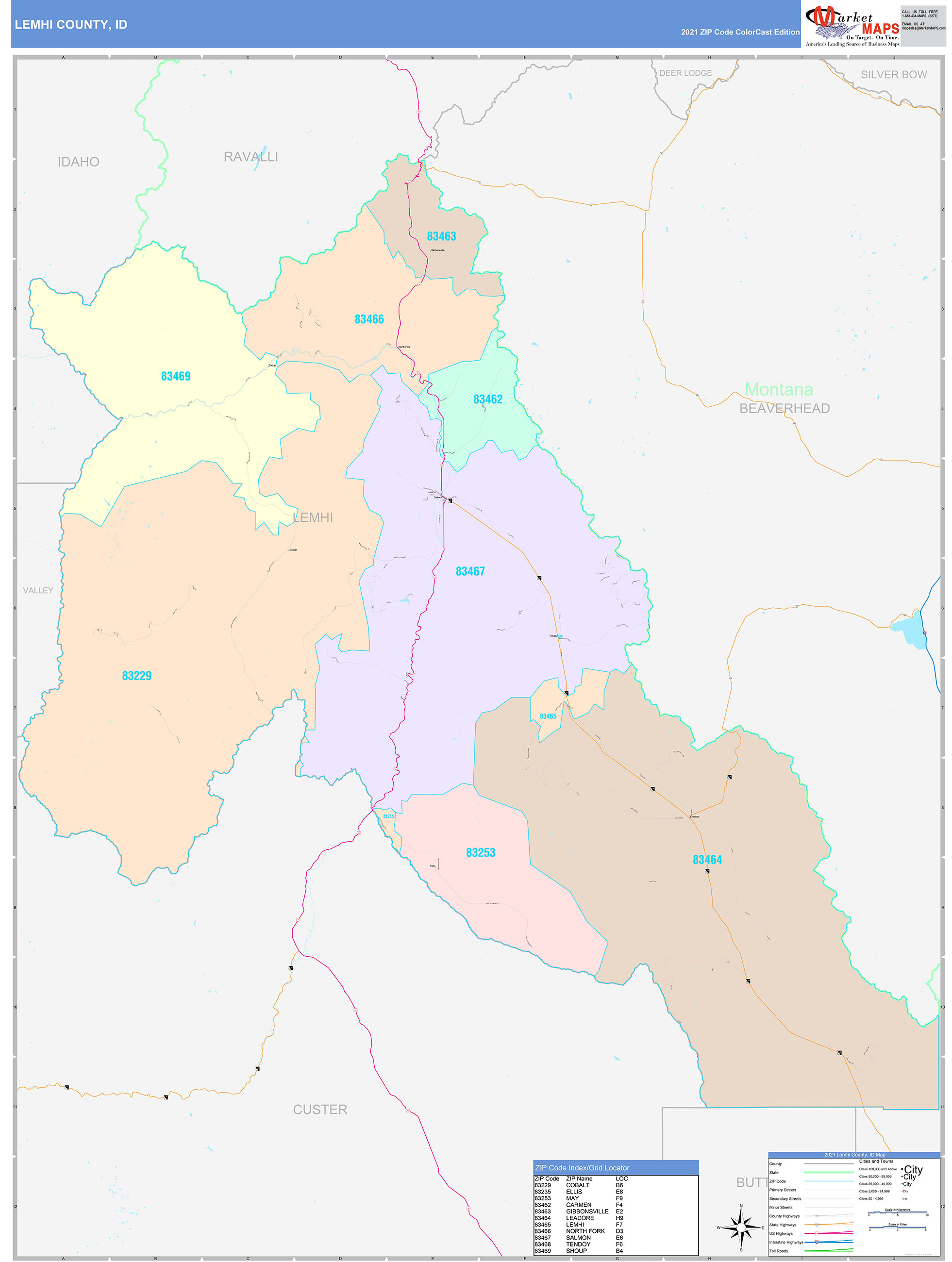 Lemhi County, ID Wall Map Color Cast Style by MarketMAPS