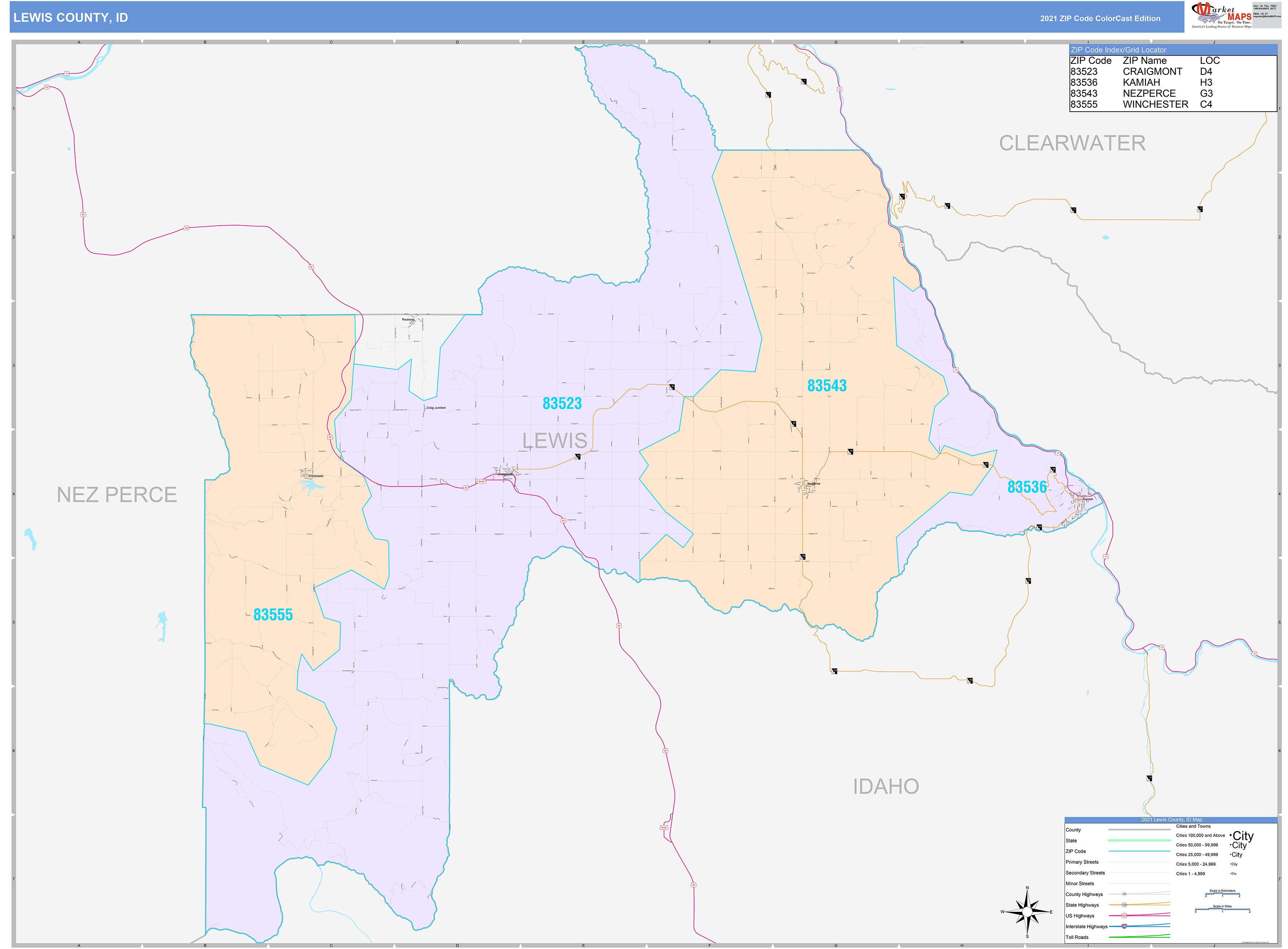 Lewis County, ID Wall Map Color Cast Style by MarketMAPS