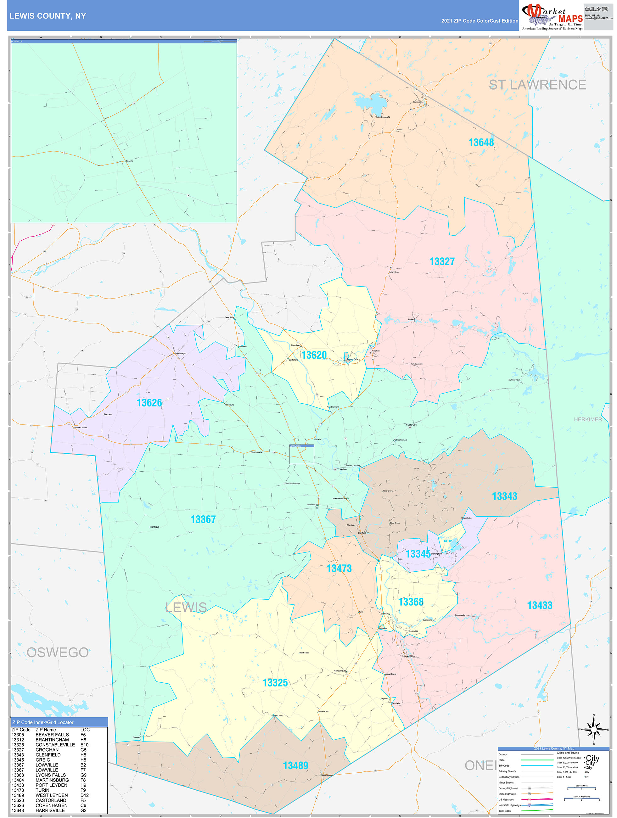 Lewis County NY Wall Map Color - Lewis NY