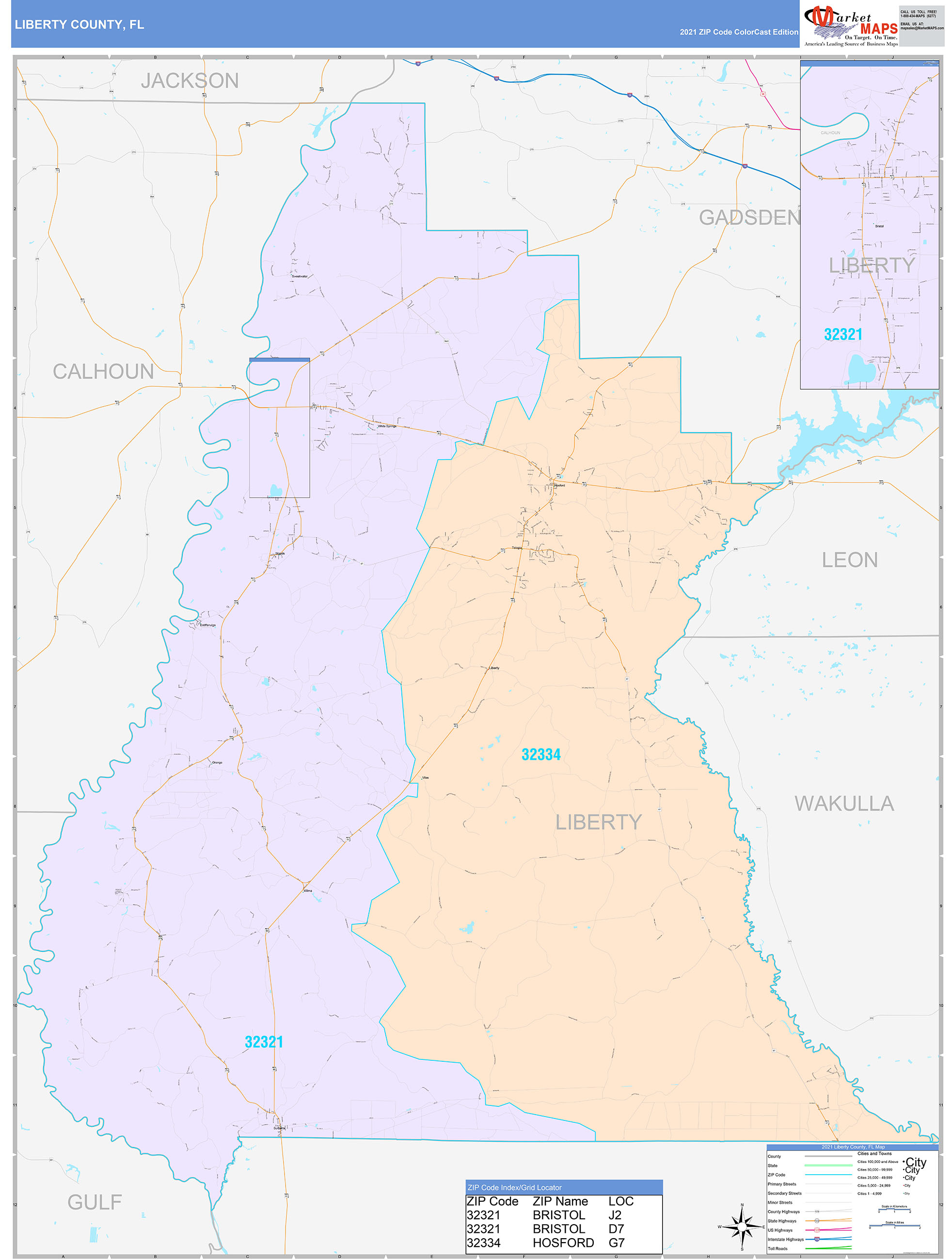 Liberty County, FL Wall Map Color Cast Style by MarketMAPS