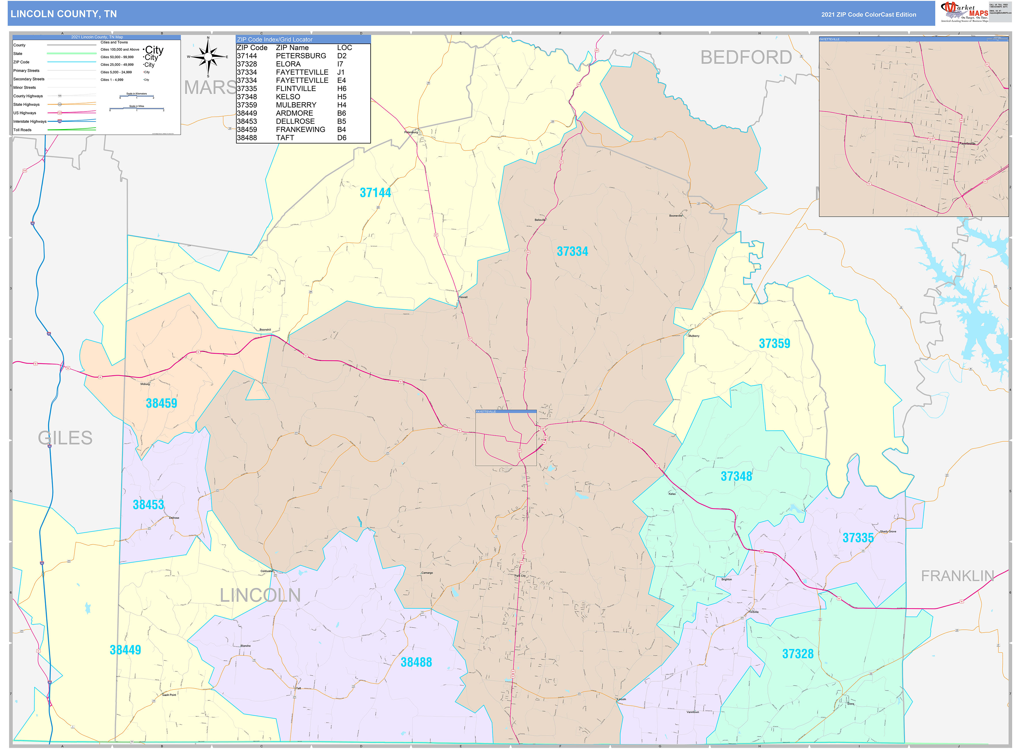 Lincoln County, TN Wall Map Color Cast Style by MarketMAPS MapSales