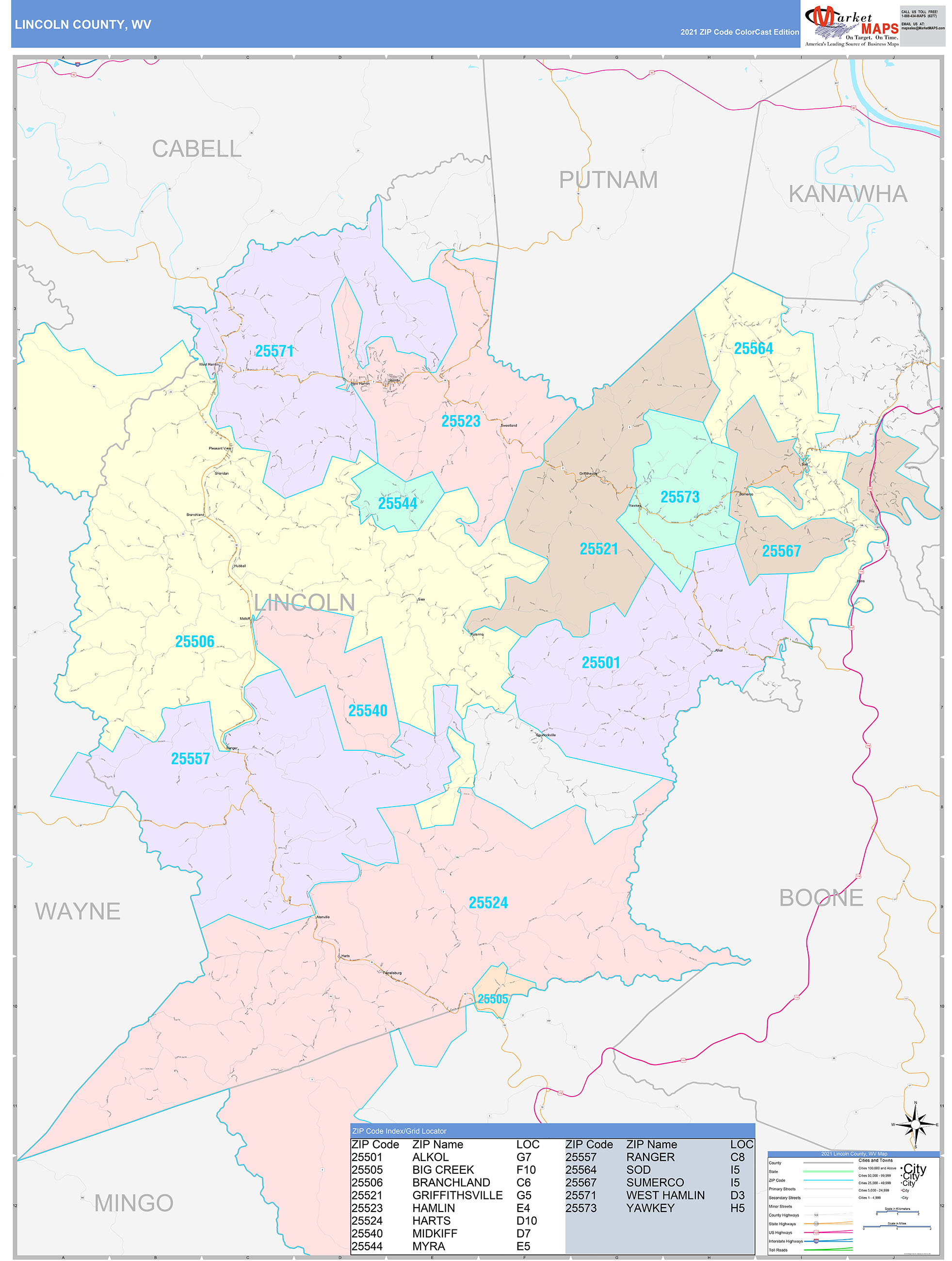 Lincoln County, WV Wall Map Color Cast Style by MarketMAPS