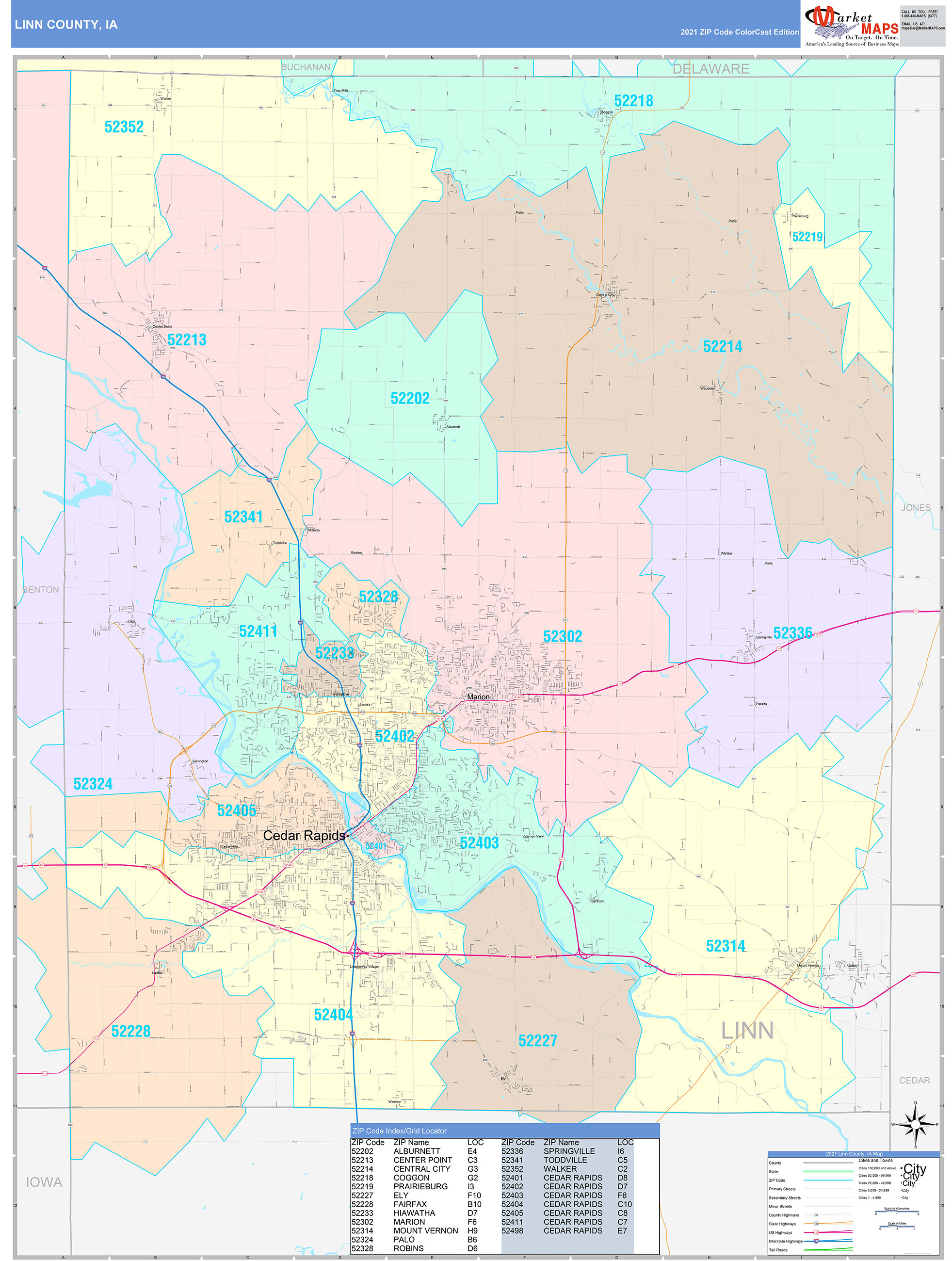 Linn County, IA Wall Map Color Cast Style by MarketMAPS MapSales