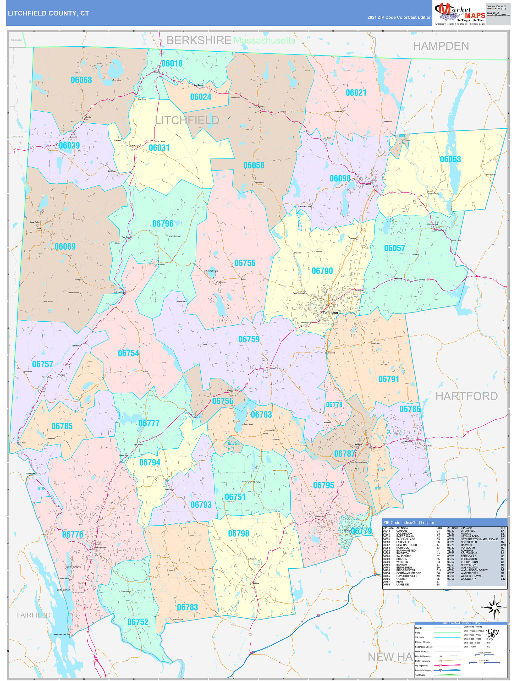 Litchfield County, CT Wall Map Color Cast Style by MarketMAPS