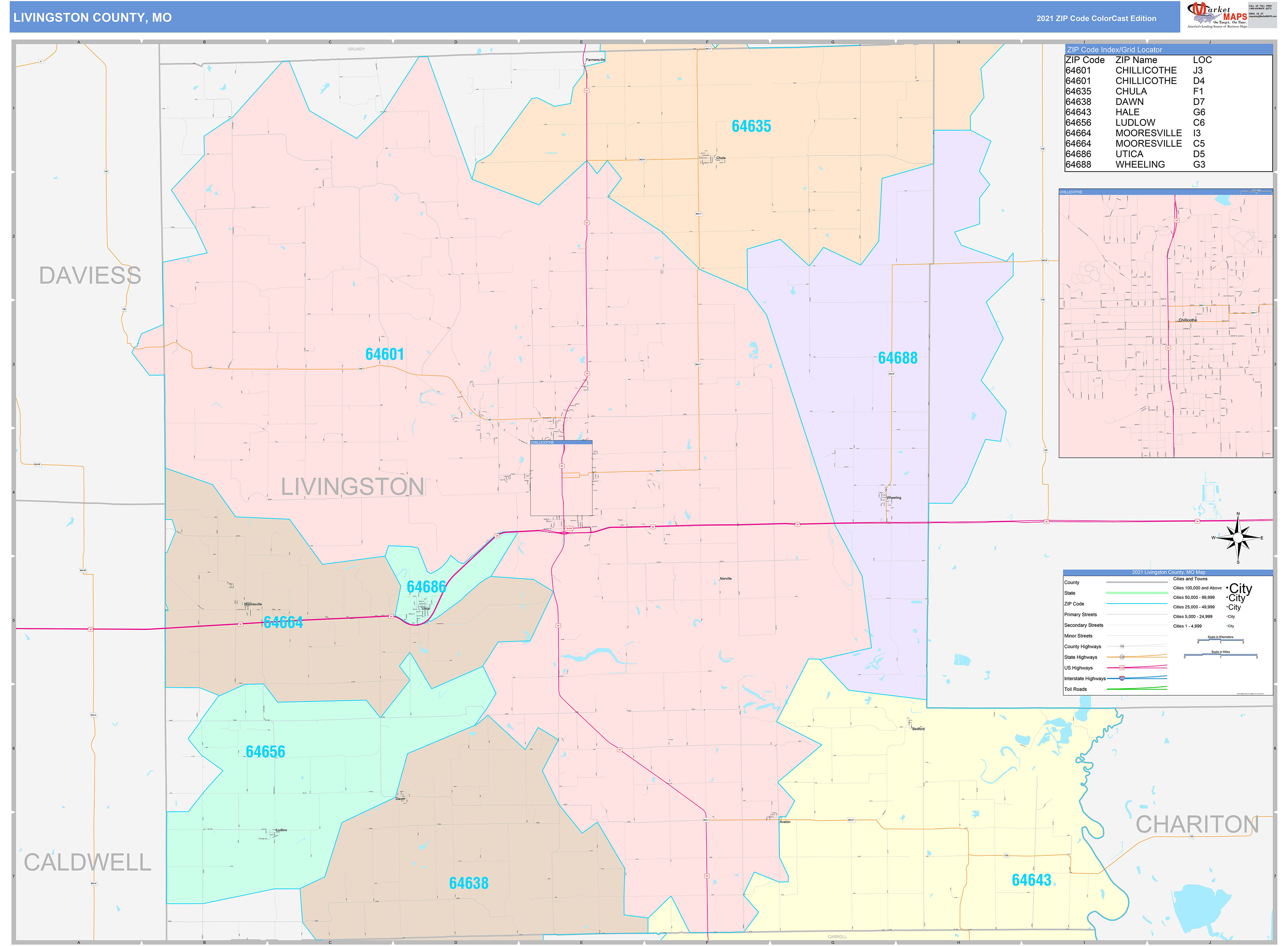 Livingston County, MO Wall Map Color Cast Style by MarketMAPS