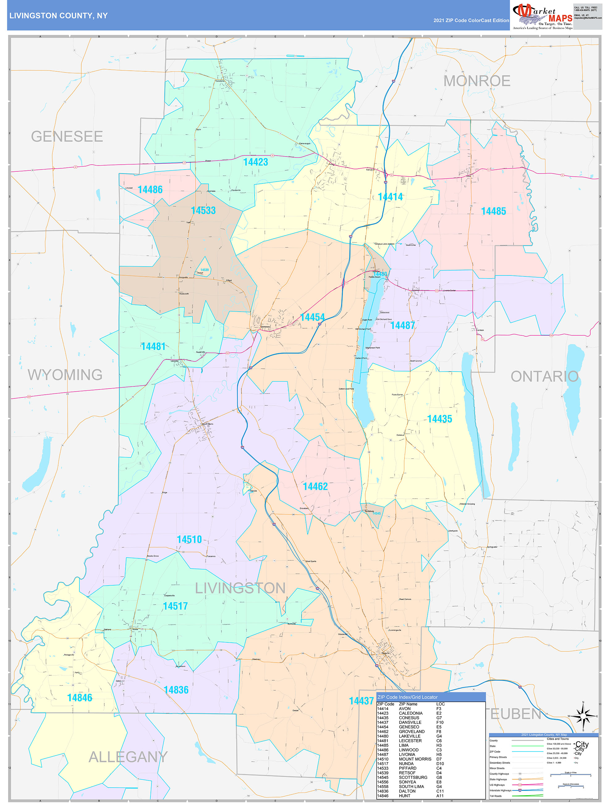 Livingston County, NY Wall Map Color Cast Style by MarketMAPS