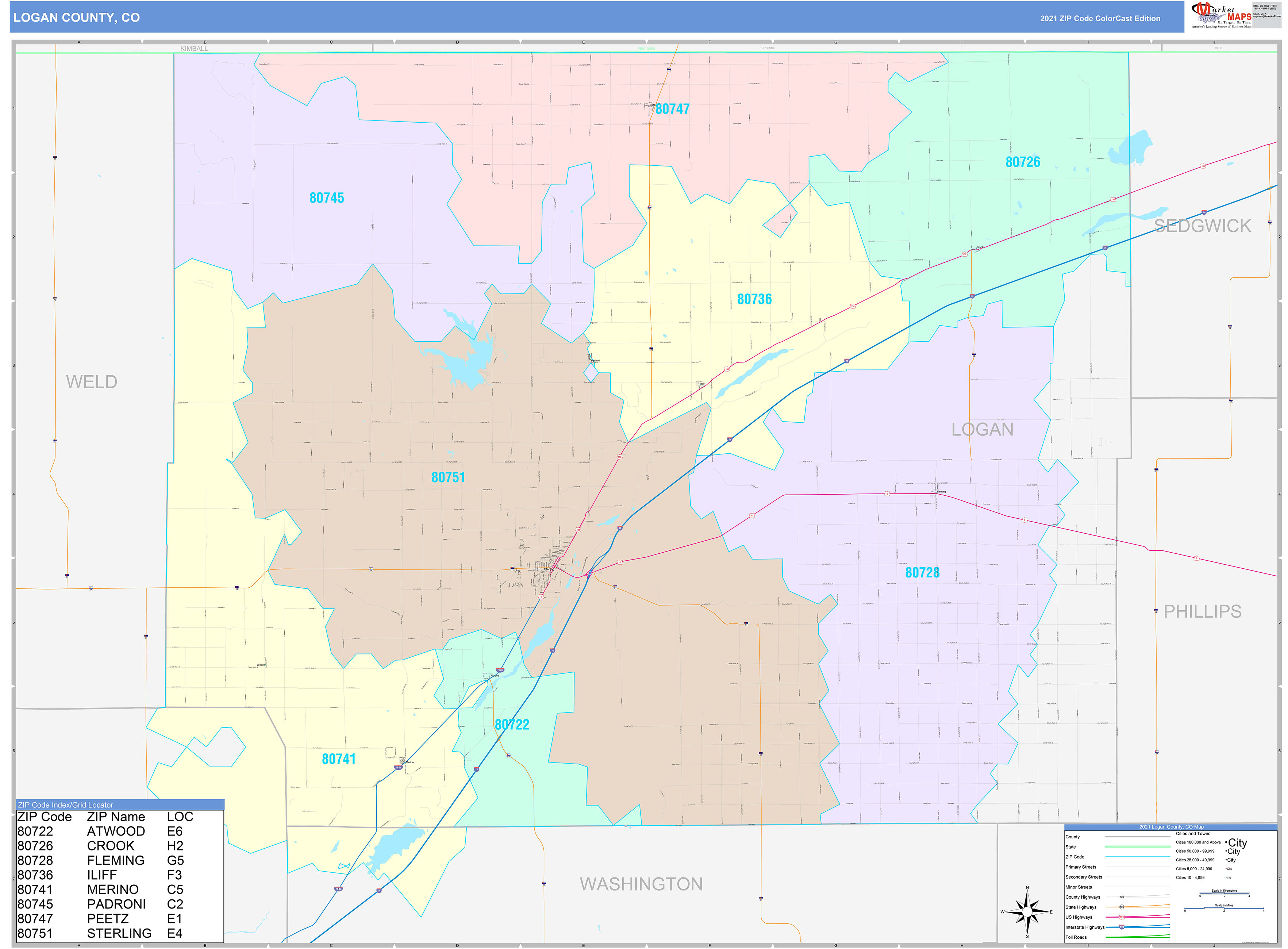 Logan County, CO Wall Map Color Cast Style by MarketMAPS
