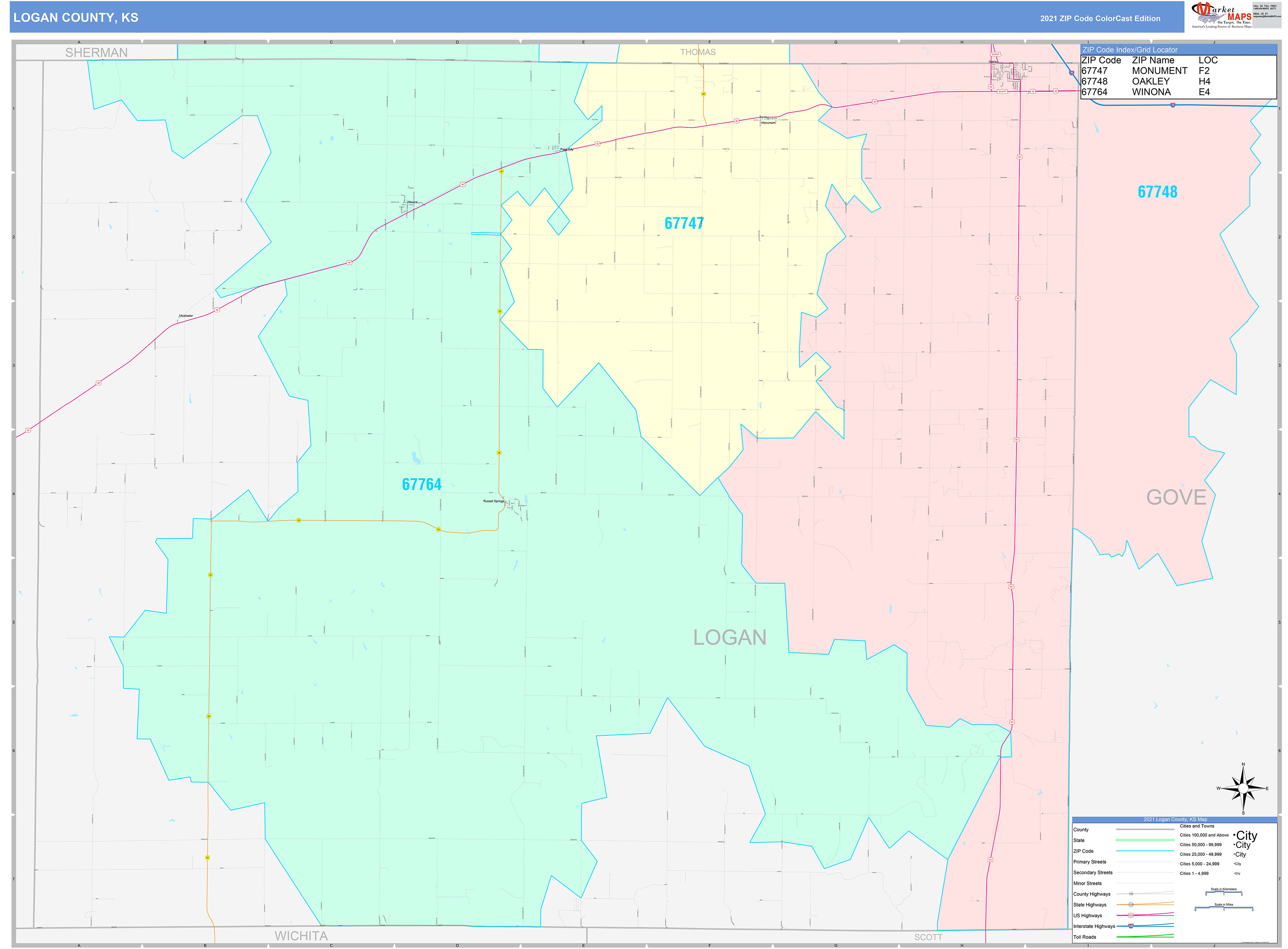 Logan County, KS Wall Map Color Cast Style by MarketMAPS