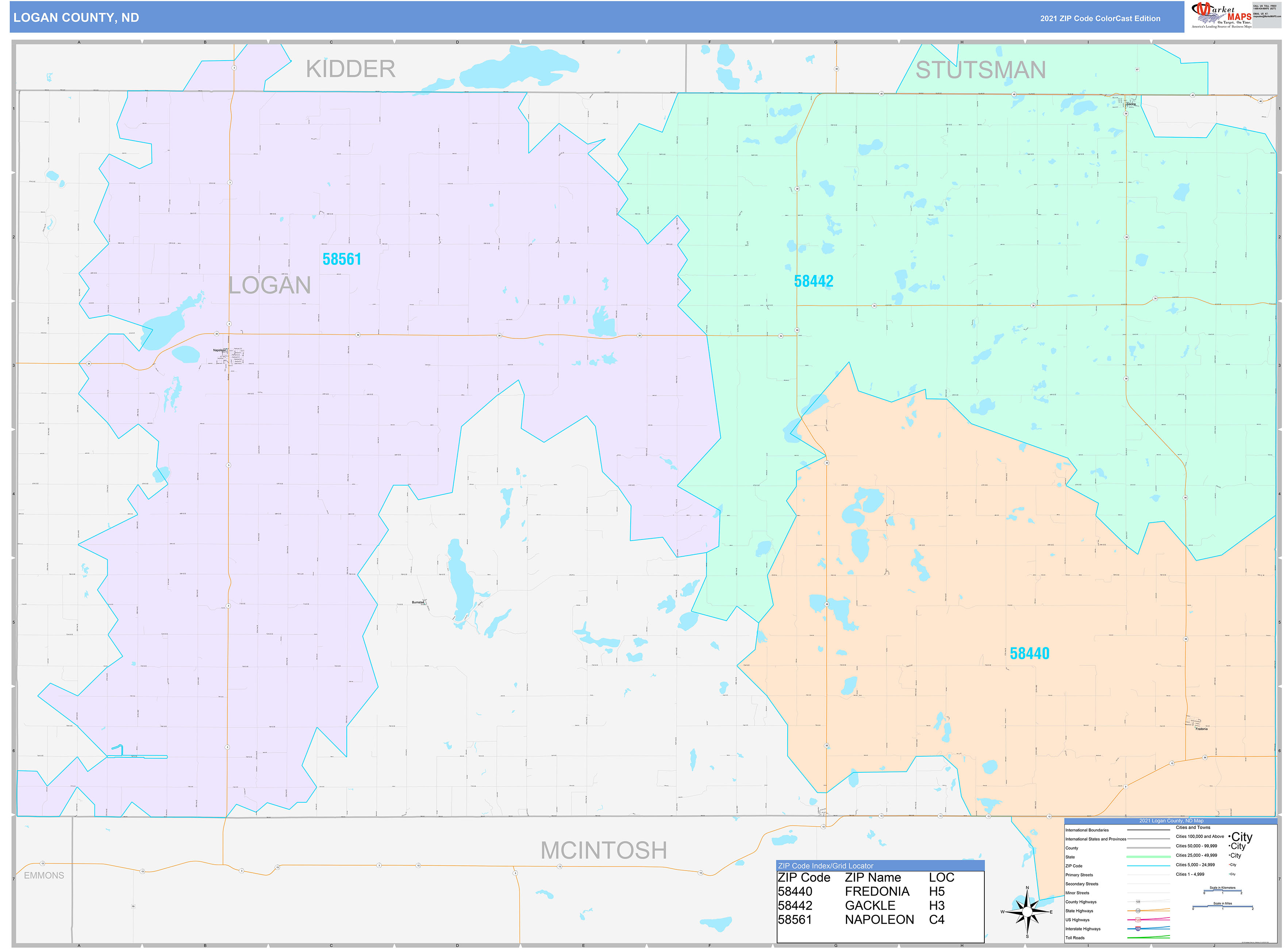 Logan County, ND Wall Map Color Cast Style by MarketMAPS