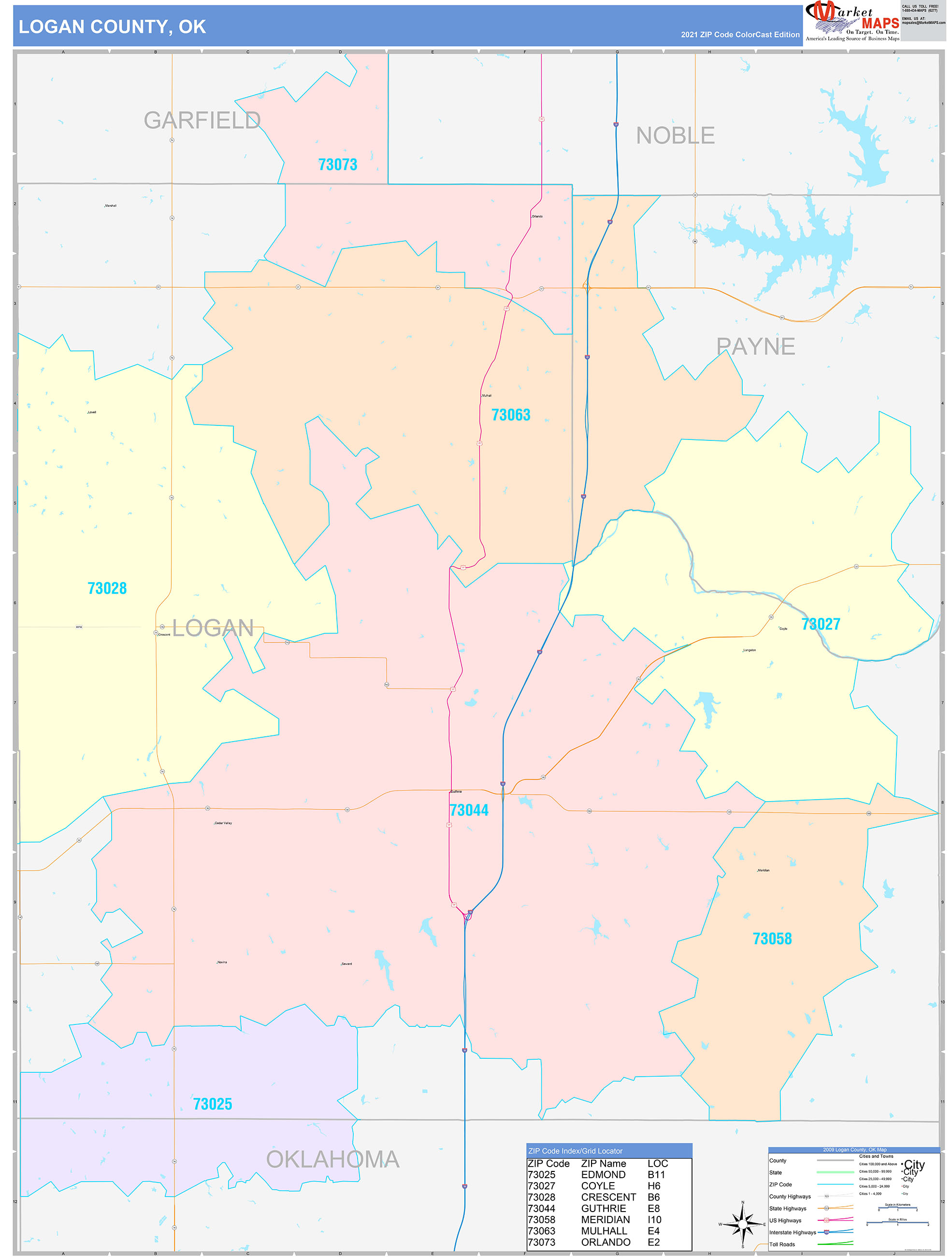 Logan County, OK Wall Map Color Cast Style by MarketMAPS MapSales