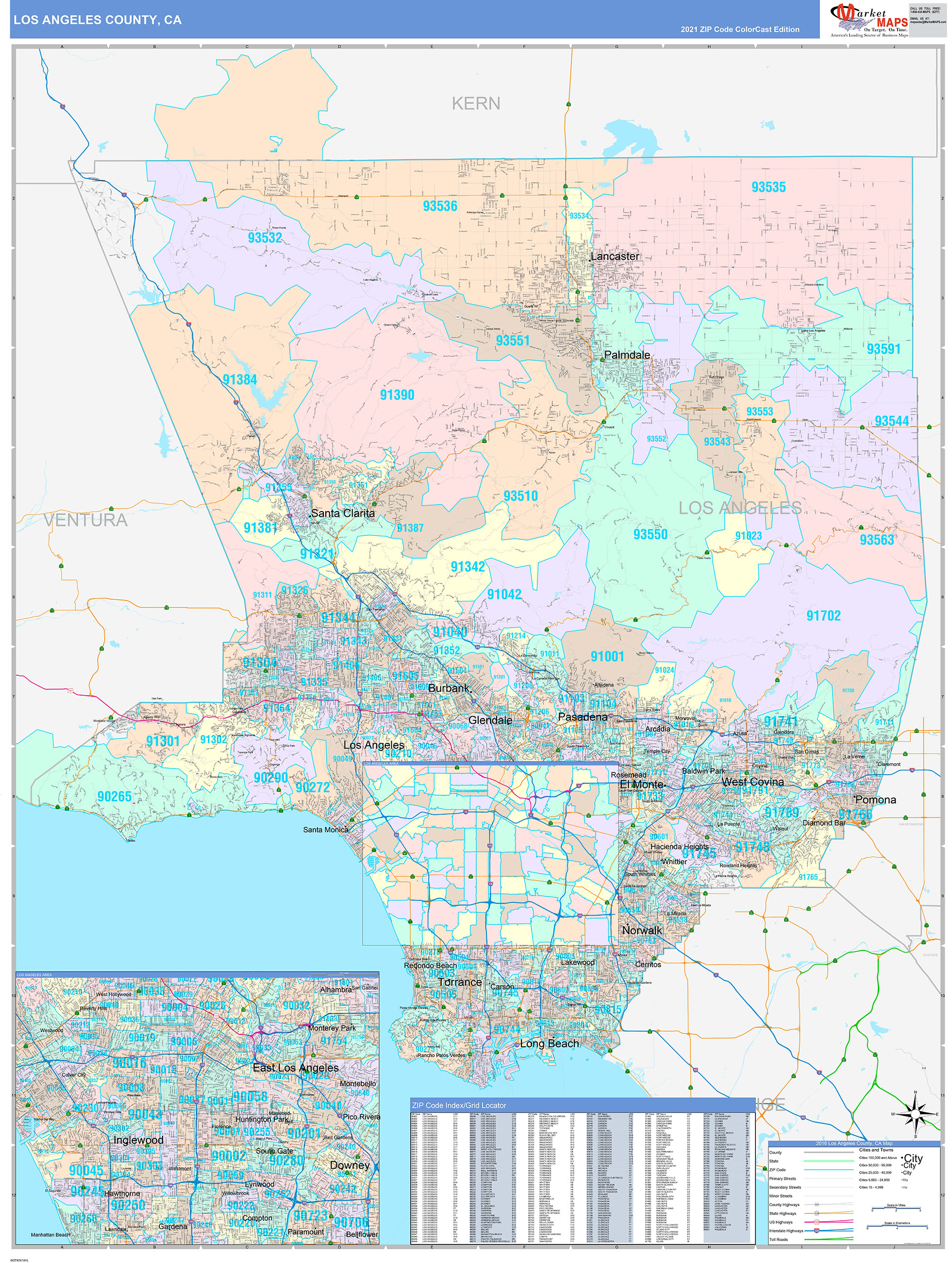 Los Angeles County, CA Wall Map Color Cast Style by MarketMAPS