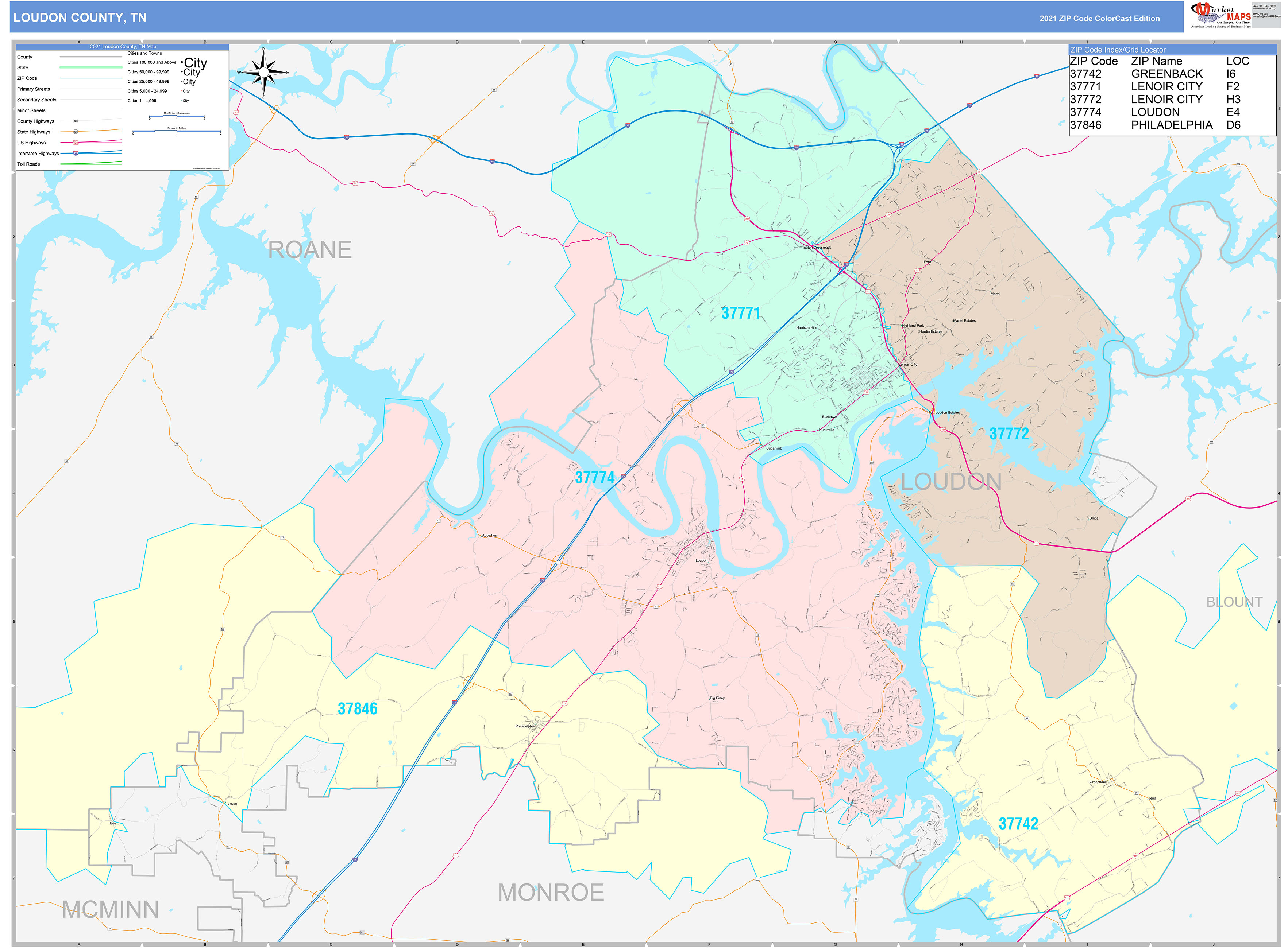 Loudon County, TN Wall Map Color Cast Style by MarketMAPS MapSales