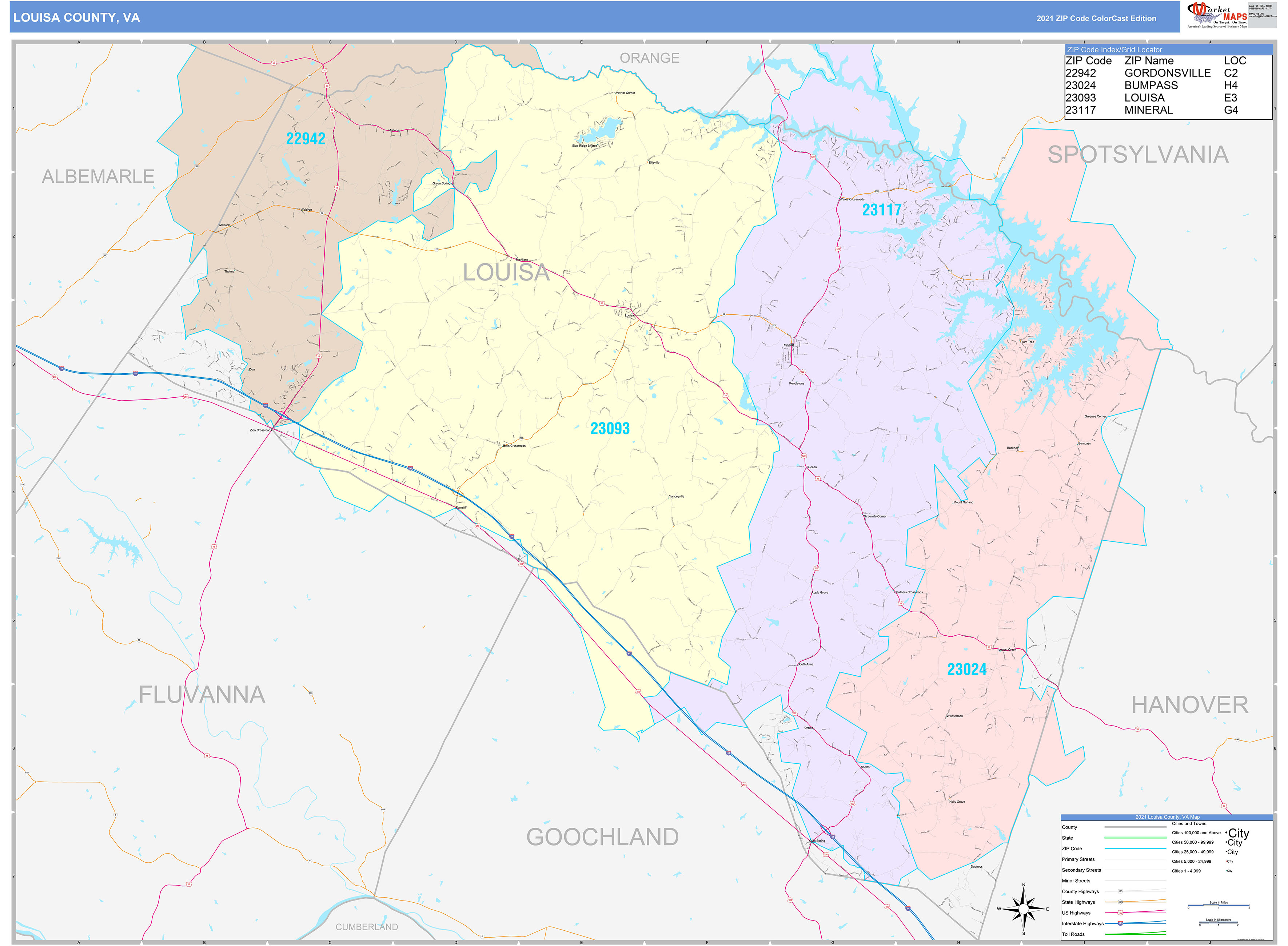 Louisa County, VA Wall Map Color Cast Style by MarketMAPS