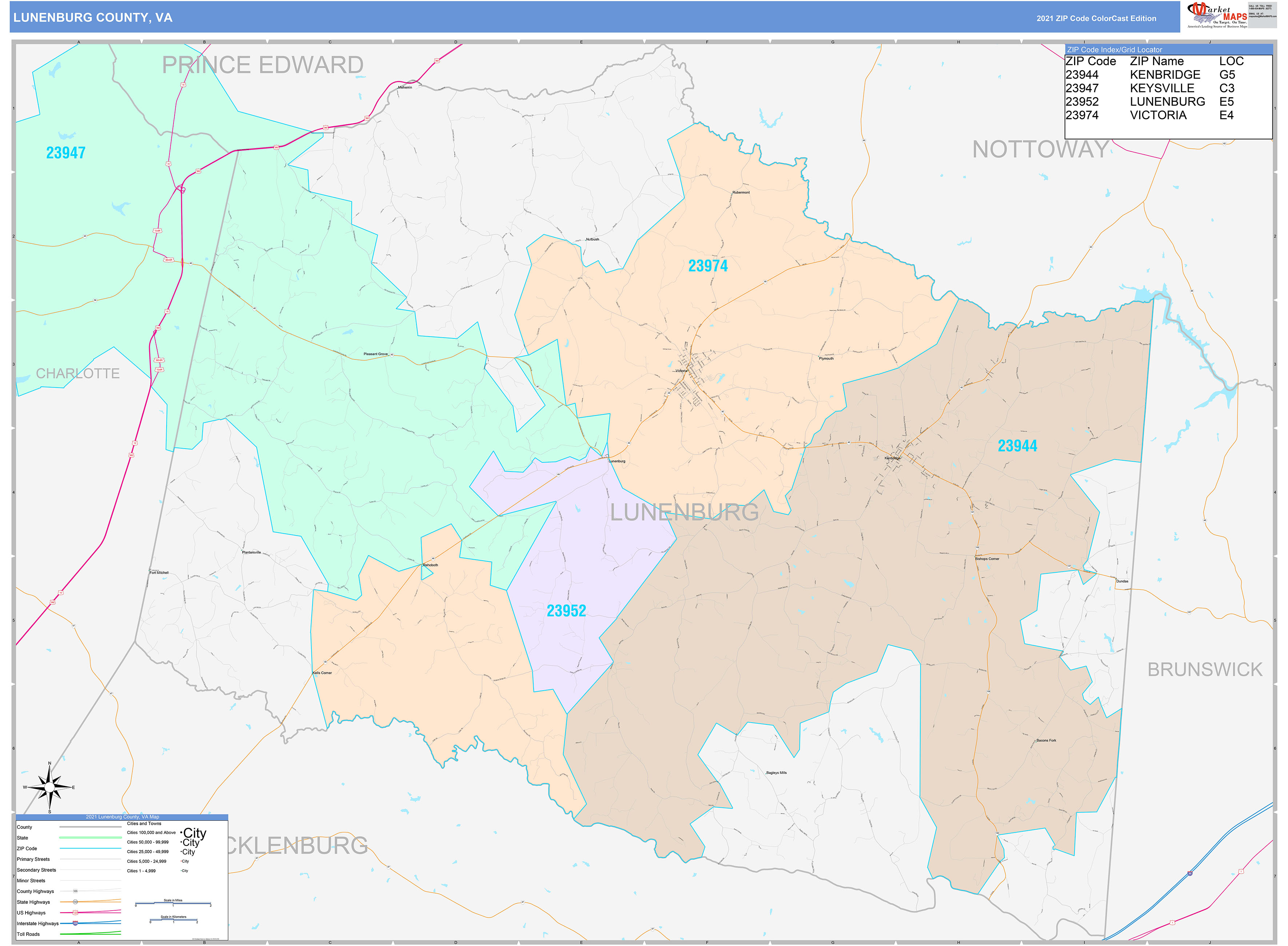 Lunenburg County, VA Wall Map Color Cast Style by MarketMAPS - MapSales.com