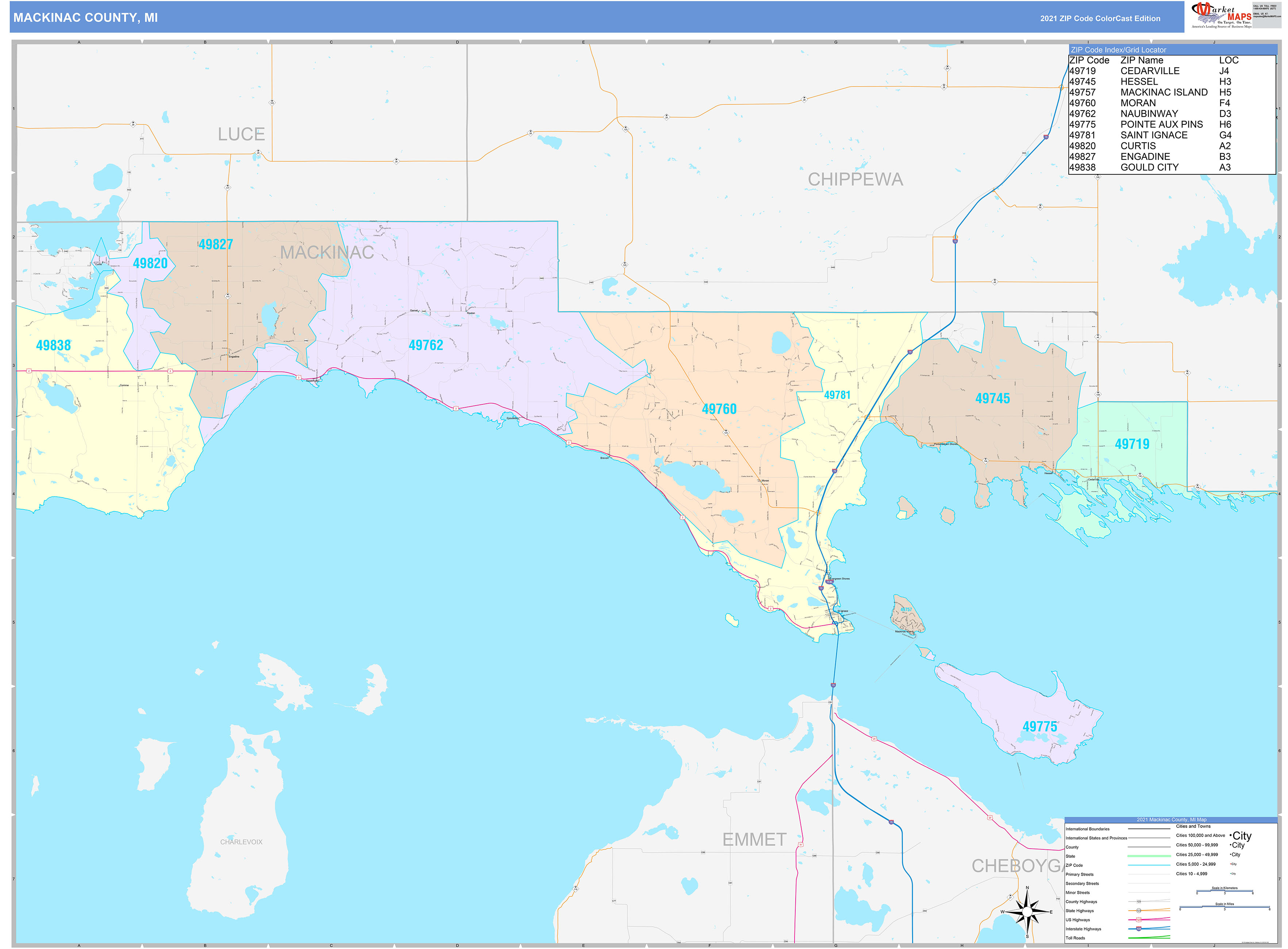 Mackinac County, MI Wall Map Color Cast Style by MarketMAPS