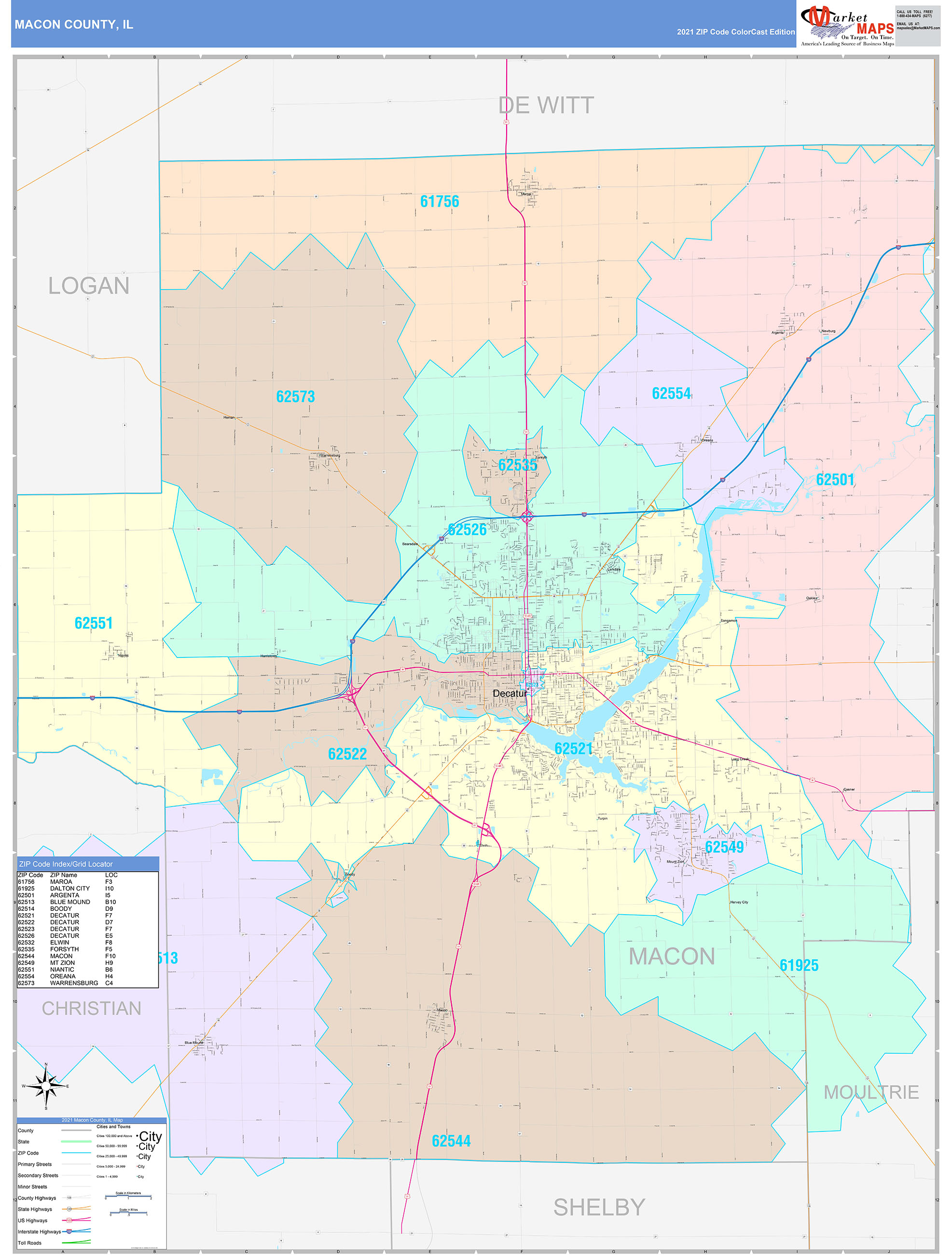 Macon County, IL Wall Map Color Cast Style by MarketMAPS MapSales