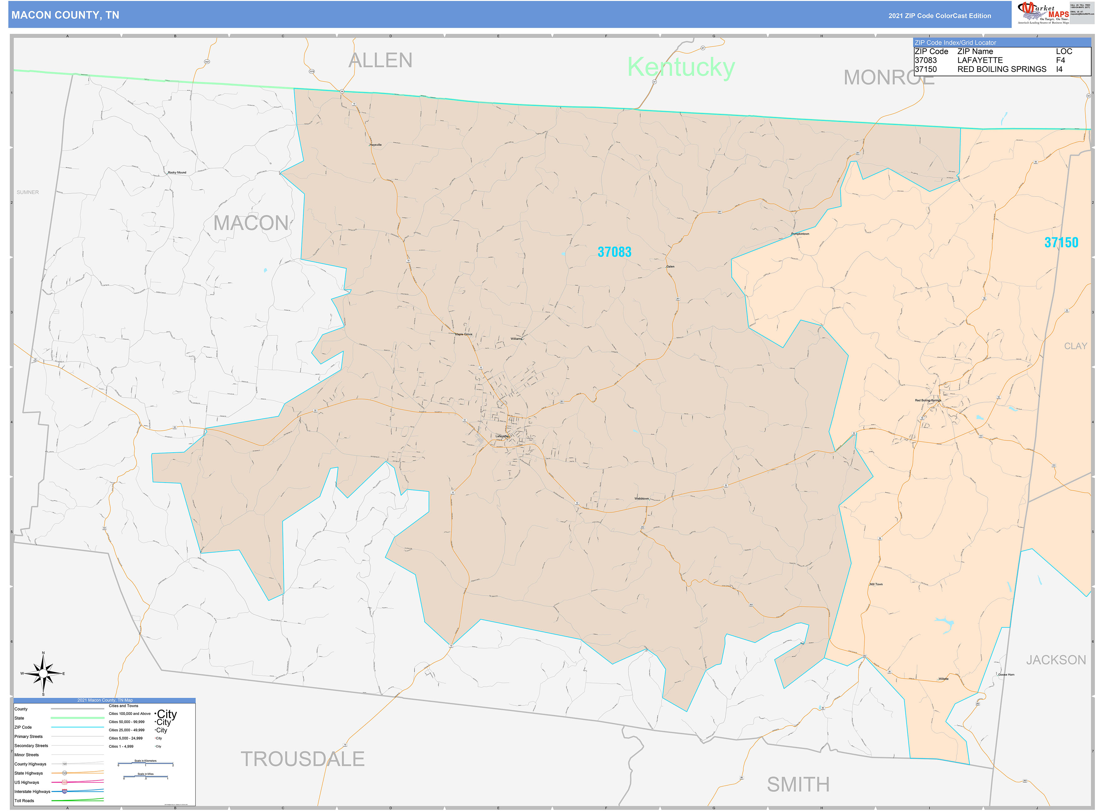 Macon County, TN Wall Map Color Cast Style by MarketMAPS