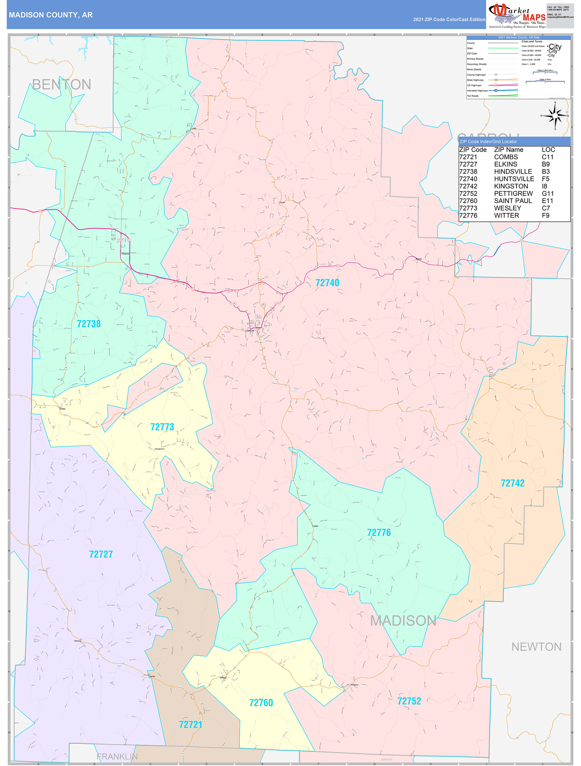 Madison County, AR Wall Map Color Cast Style by MarketMAPS - MapSales.com