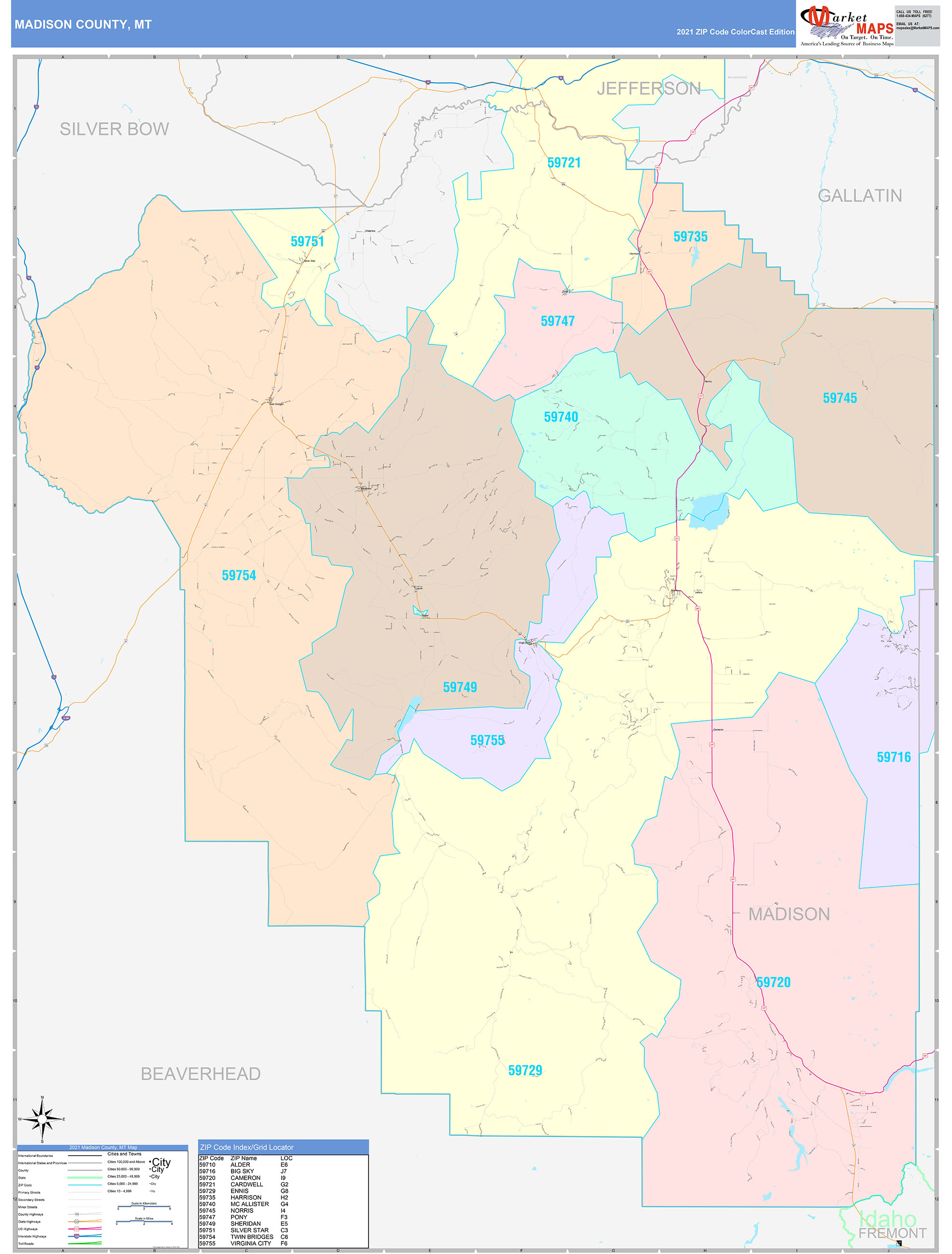 Madison County, MT Wall Map Color Cast Style by MarketMAPS
