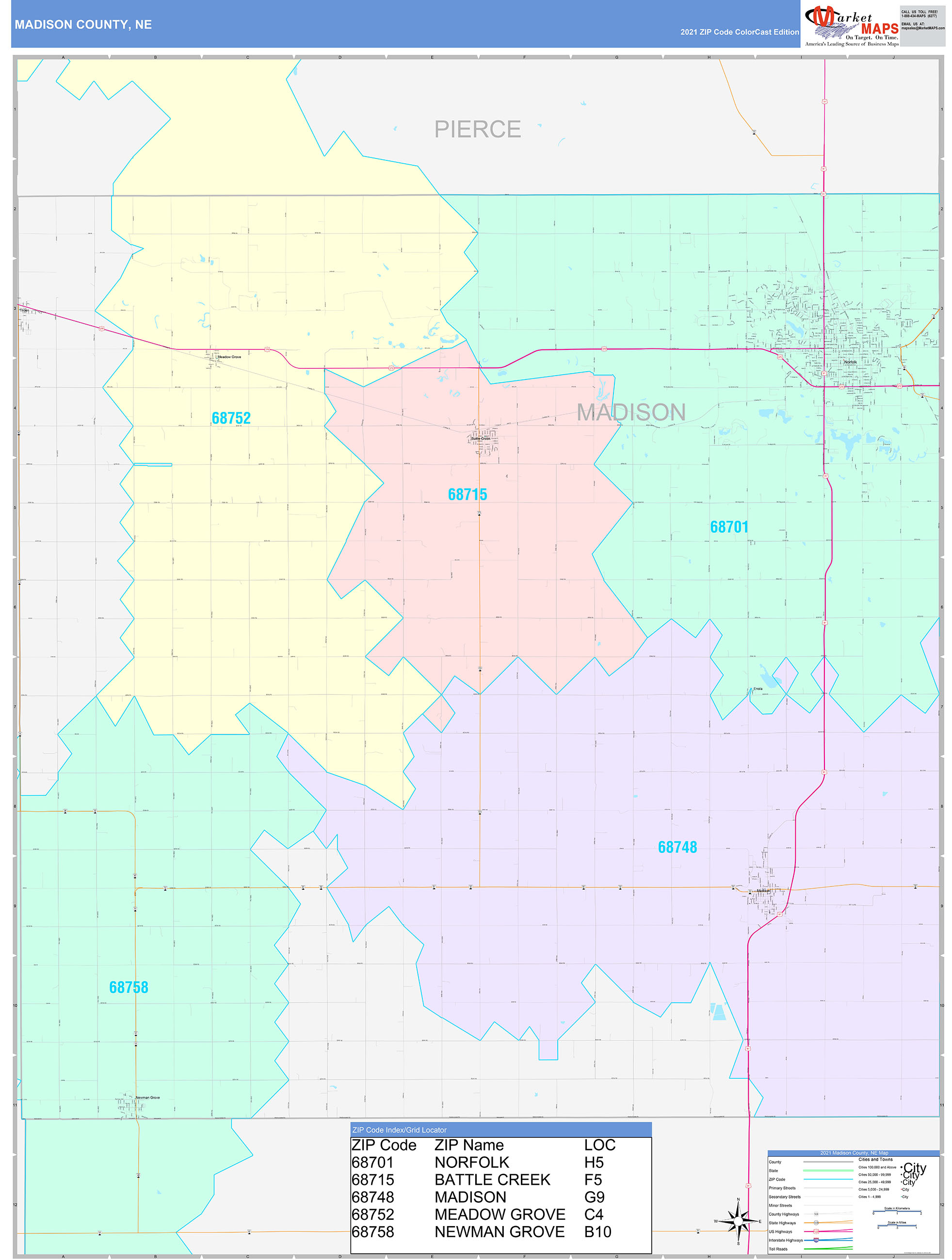 Madison County, NE Wall Map Color Cast Style by MarketMAPS