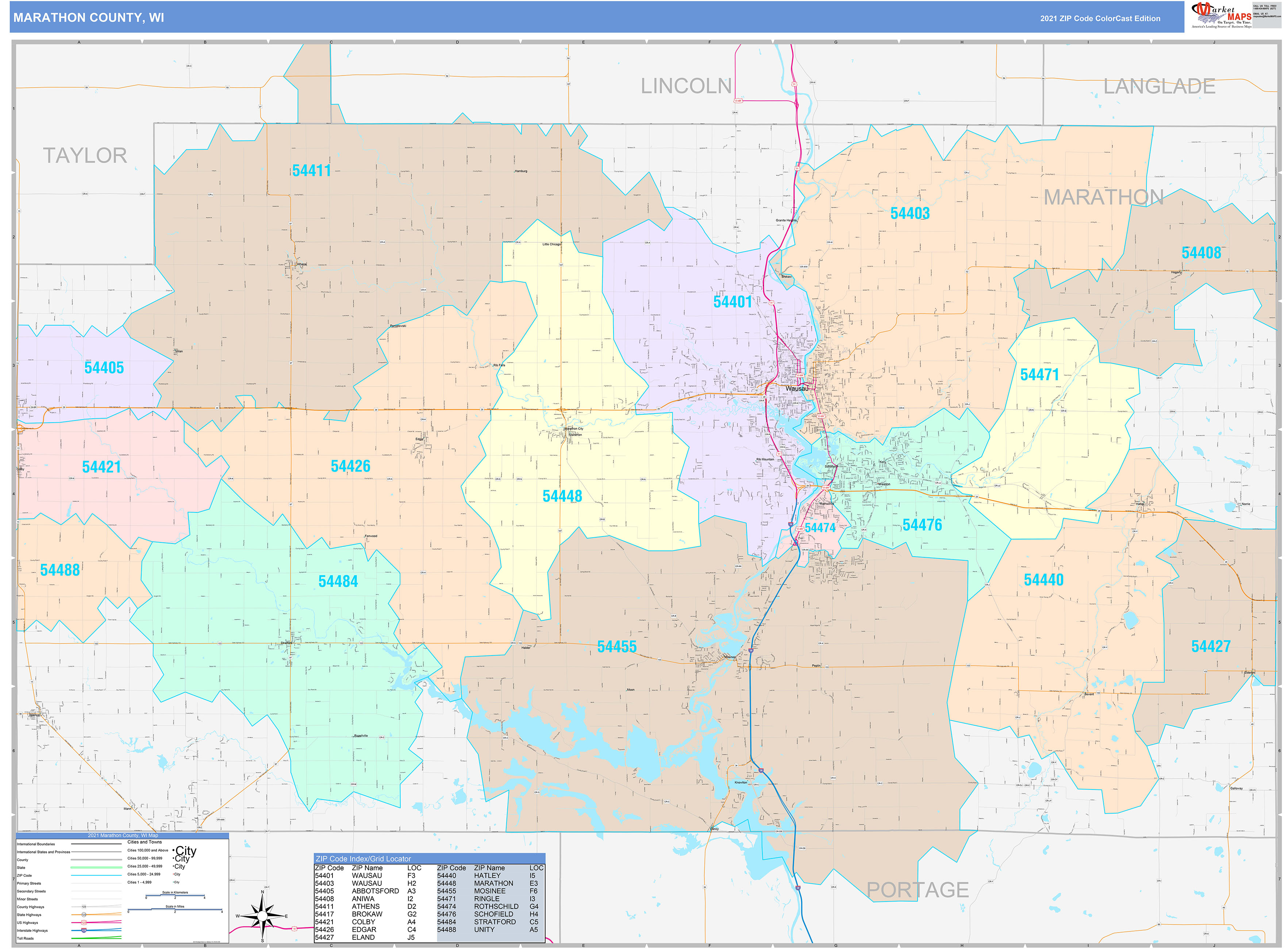 Marathon County, WI Wall Map Color Cast Style by MarketMAPS