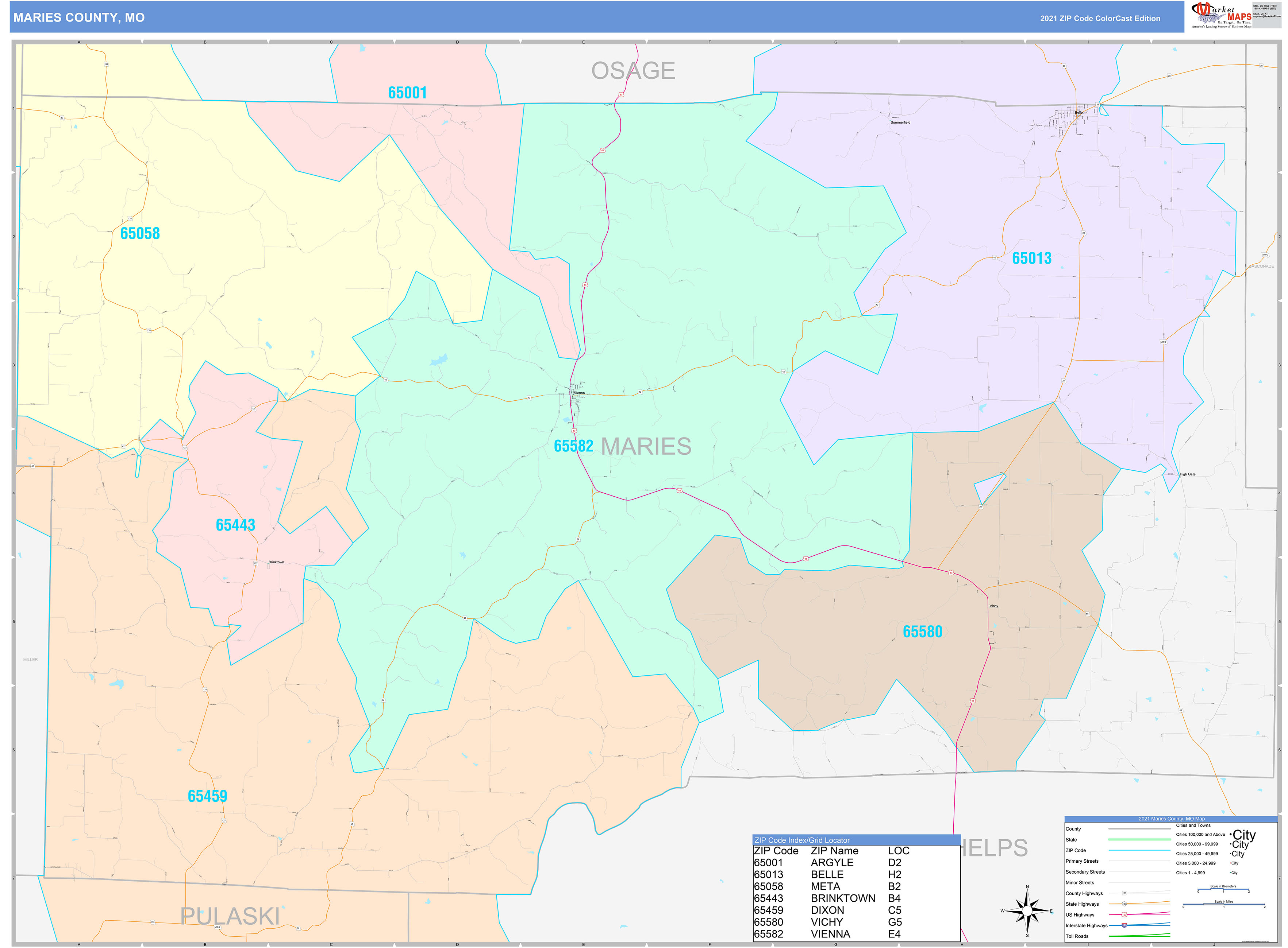 Maries County, MO Wall Map Color Cast Style by MarketMAPS MapSales