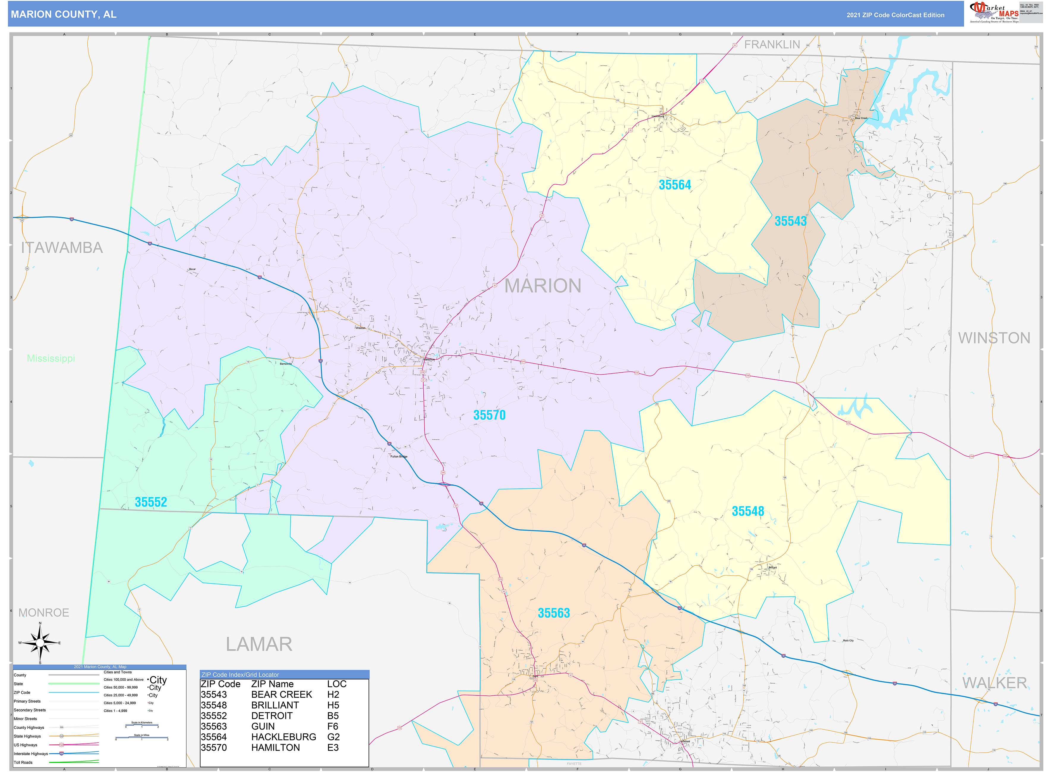 Marion County, AL Wall Map Color Cast Style by MarketMAPS