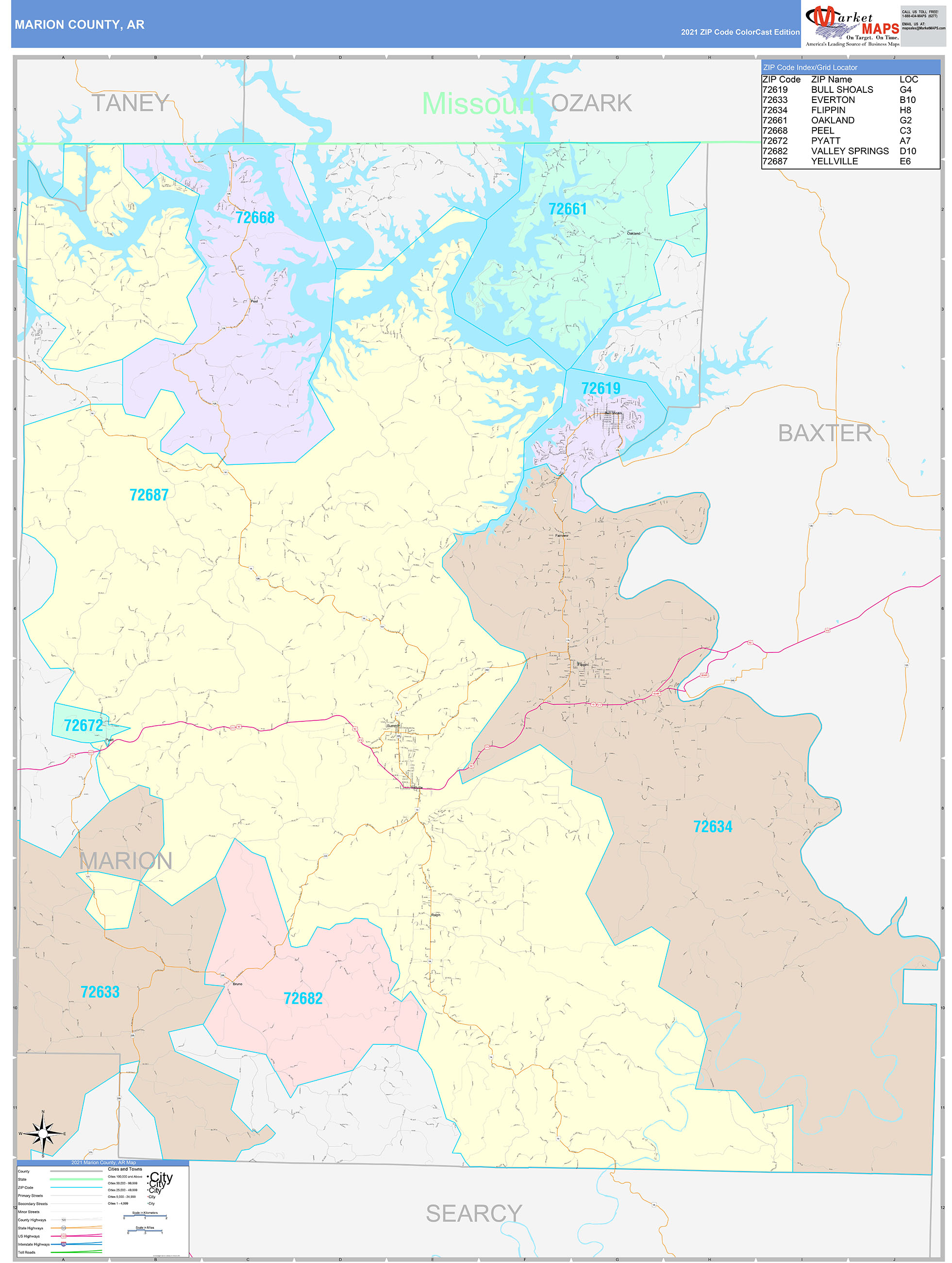 Marion County, AR Wall Map Color Cast Style by MarketMAPS MapSales