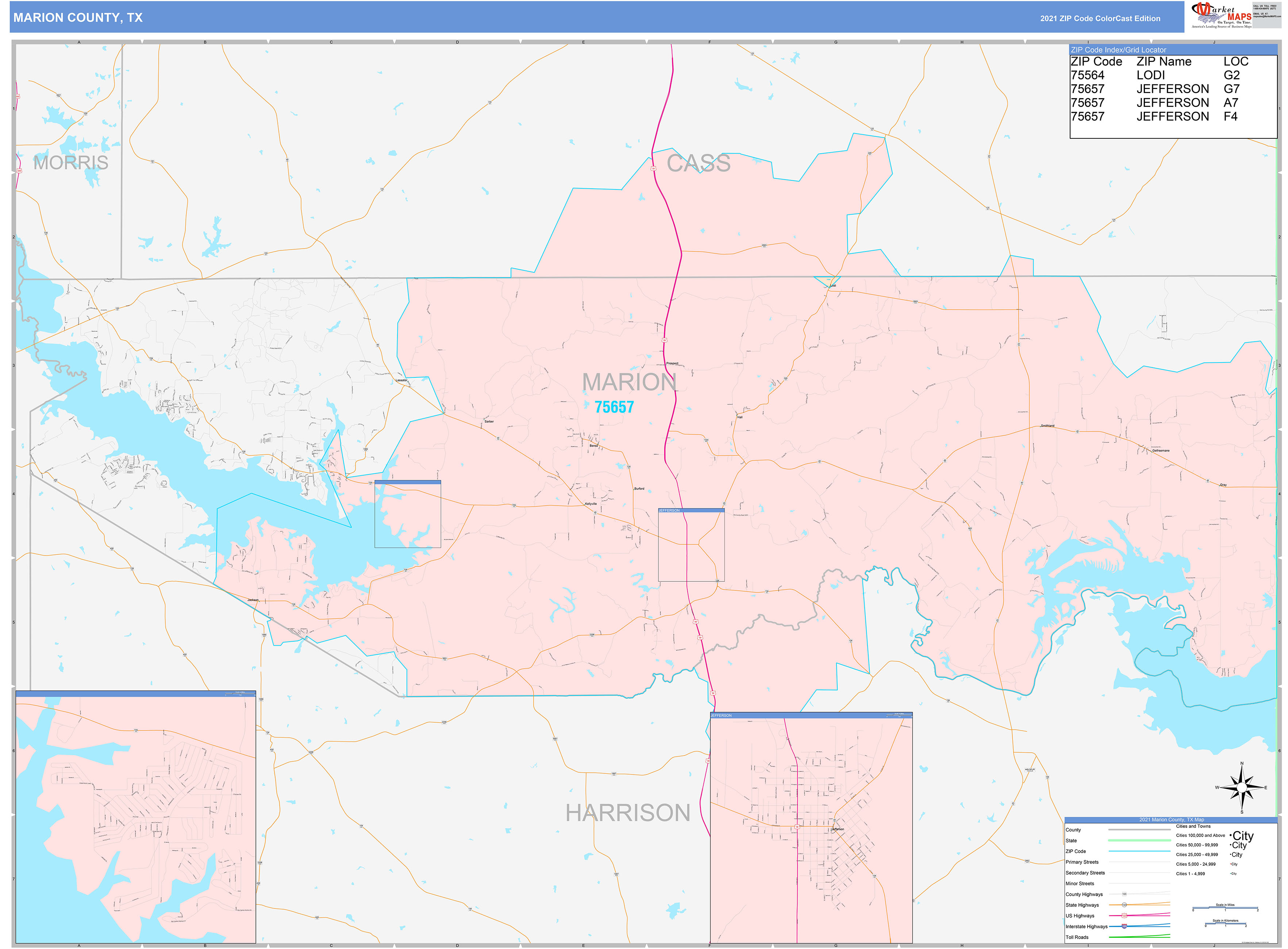Marion County, TX Wall Map Color Cast Style by MarketMAPS