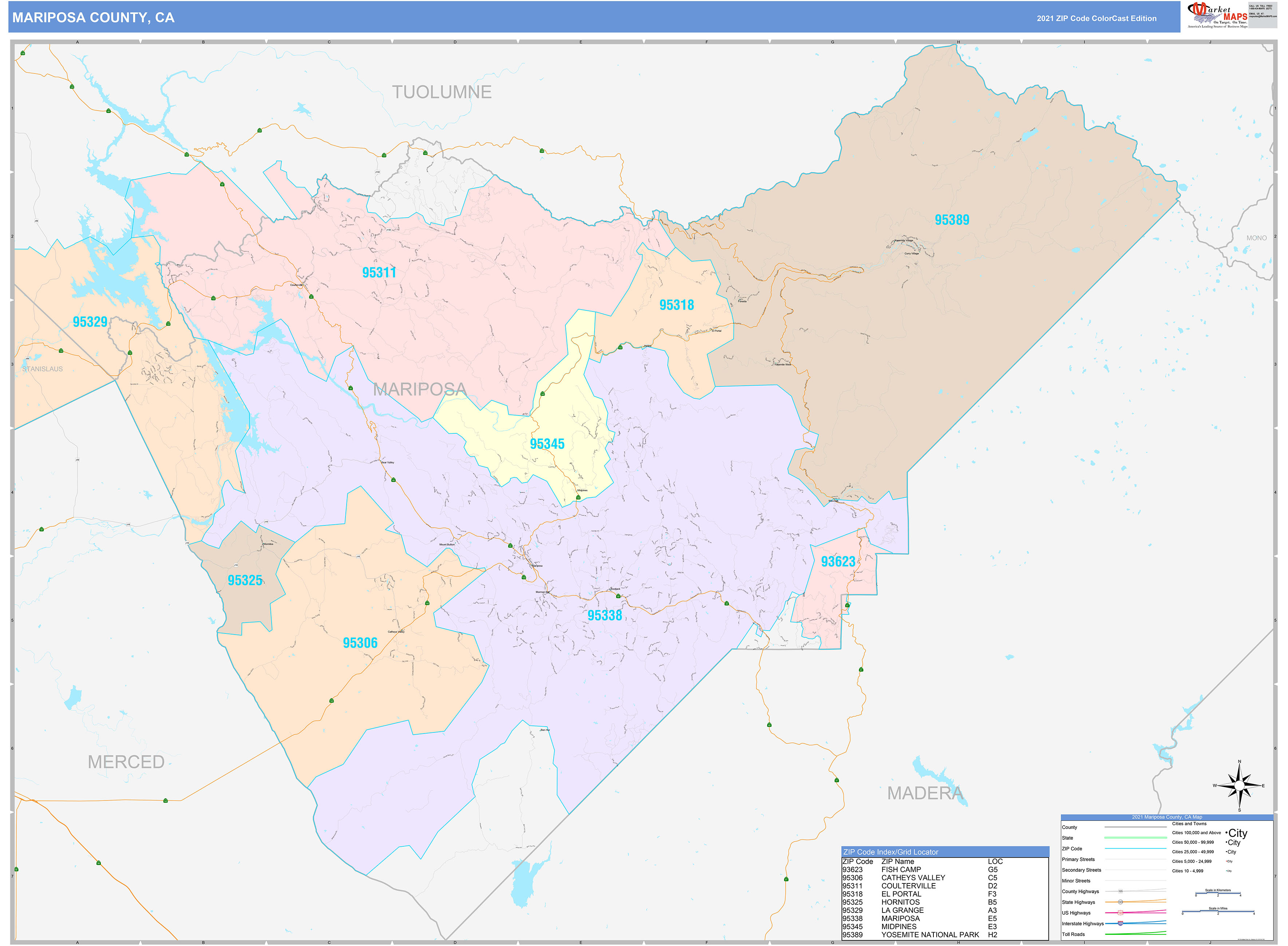 Mariposa County, CA Wall Map Color Cast Style by MarketMAPS MapSales