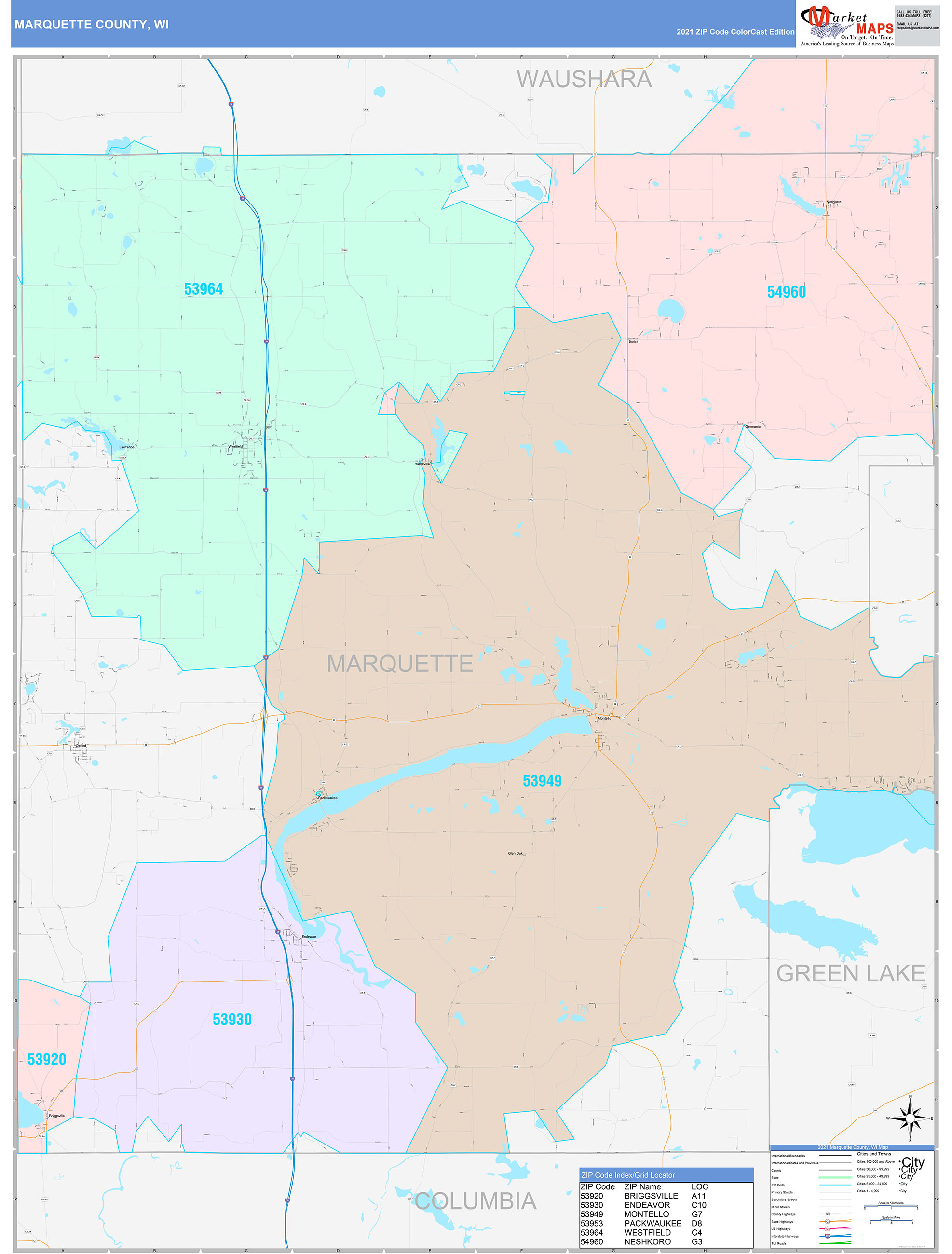 Marquette County, WI Wall Map Color Cast Style by MarketMAPS