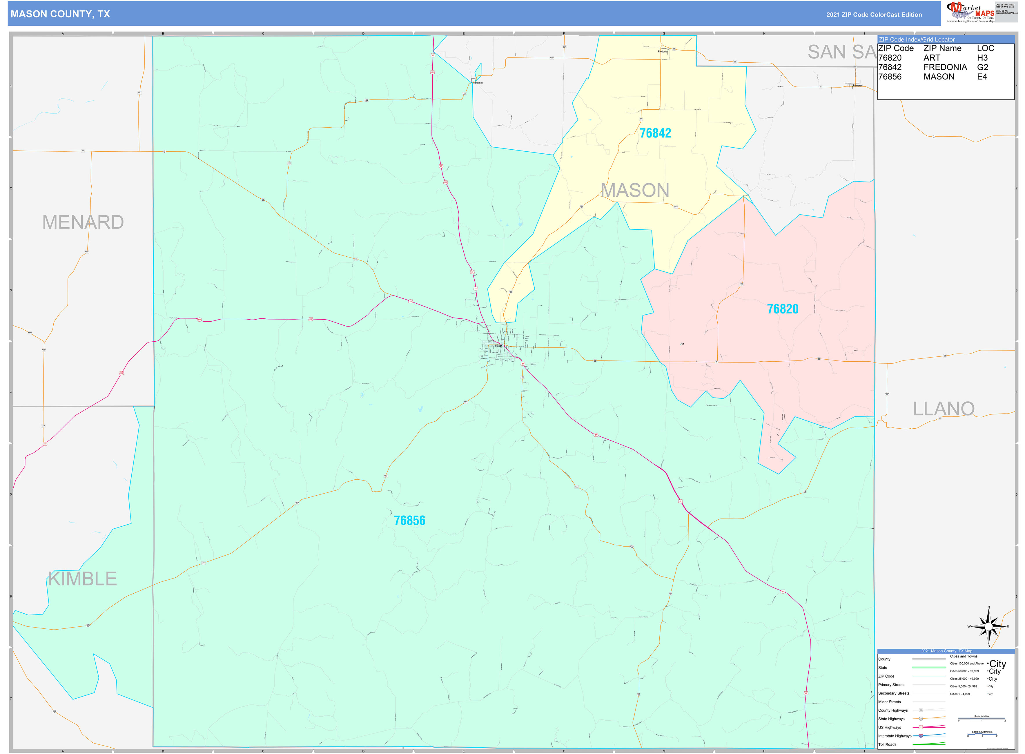 Mason County, TX Wall Map Color Cast Style by MarketMAPS
