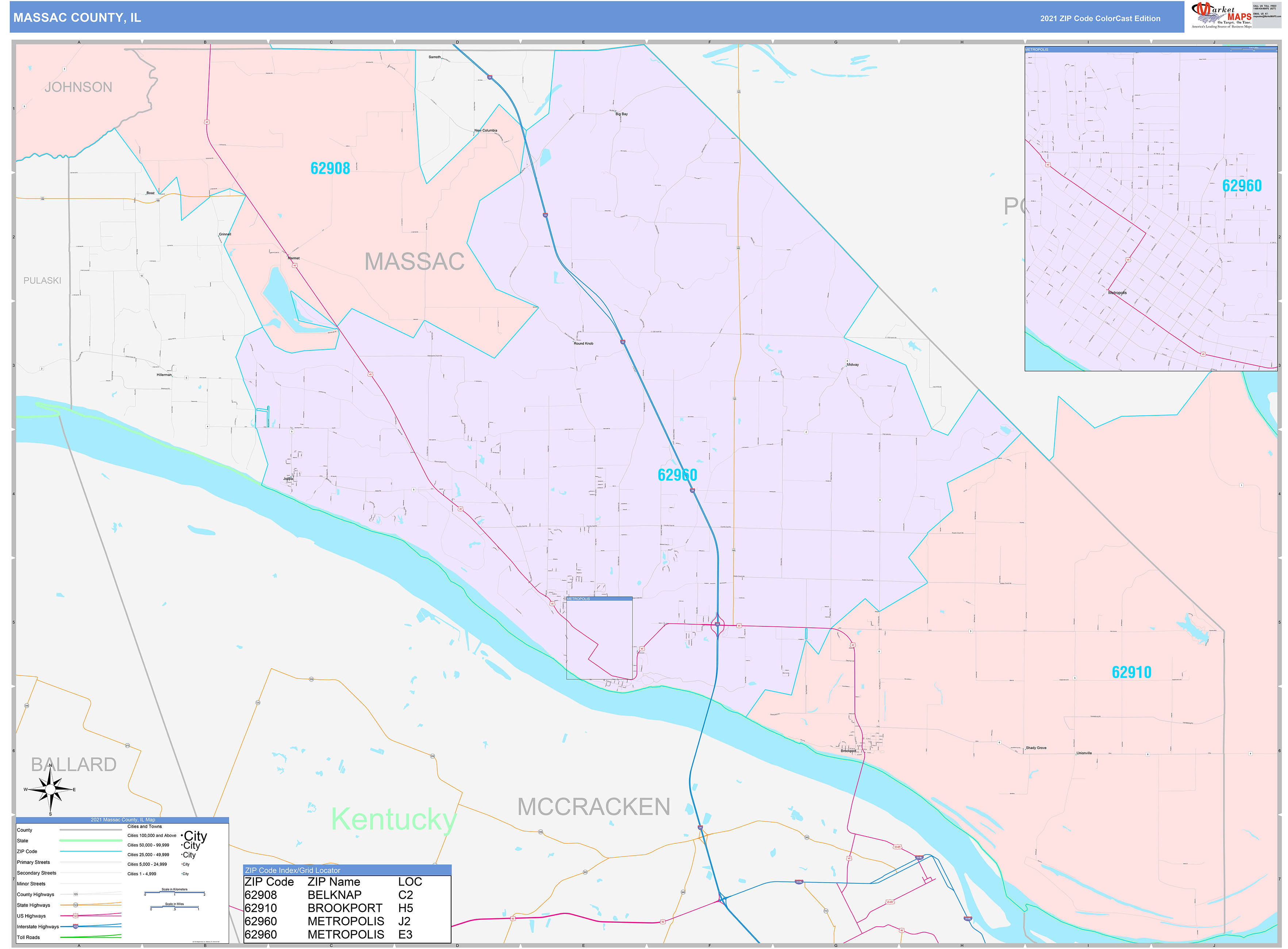 Massac County, IL Wall Map Color Cast Style by MarketMAPS MapSales