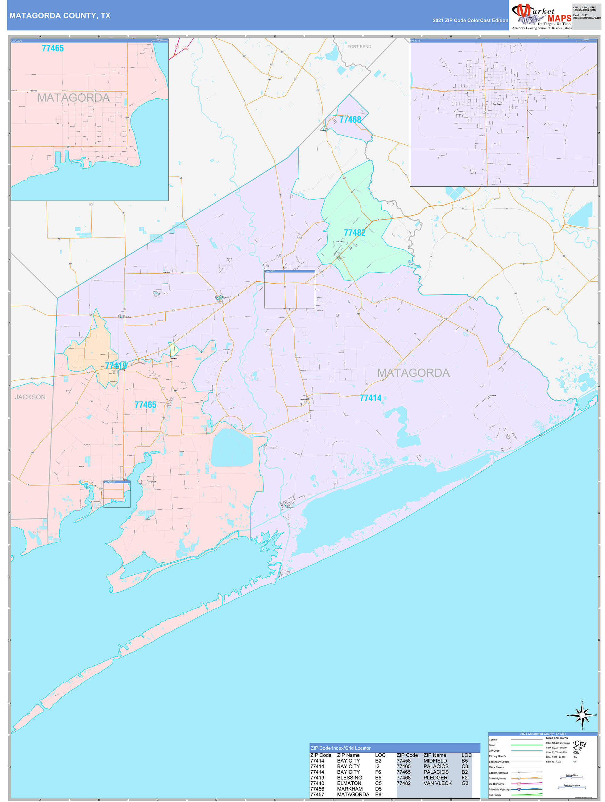 Matagorda County, TX Wall Map Color Cast Style by MarketMAPS