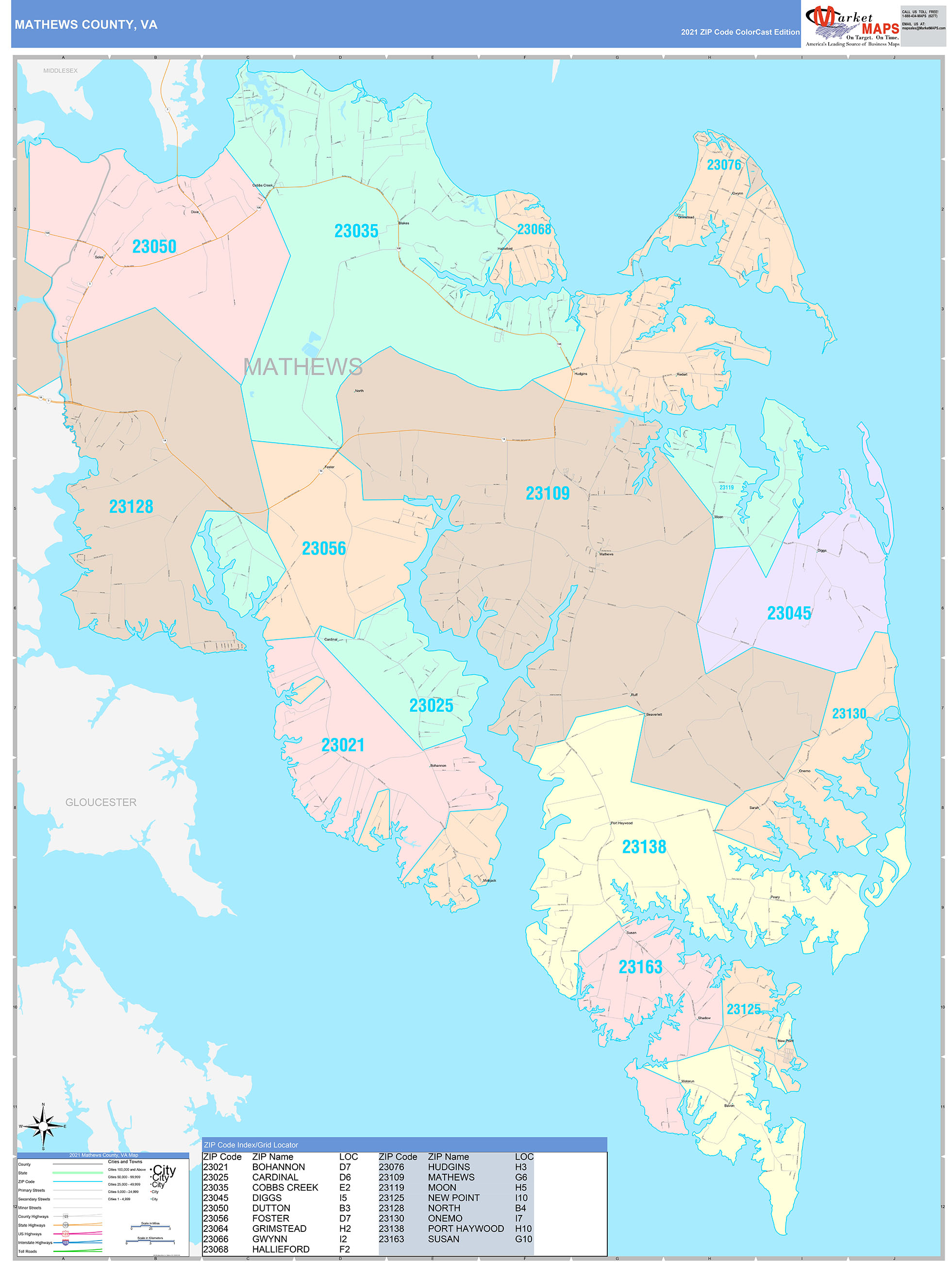 Mathews County, VA Wall Map Color Cast Style by MarketMAPS