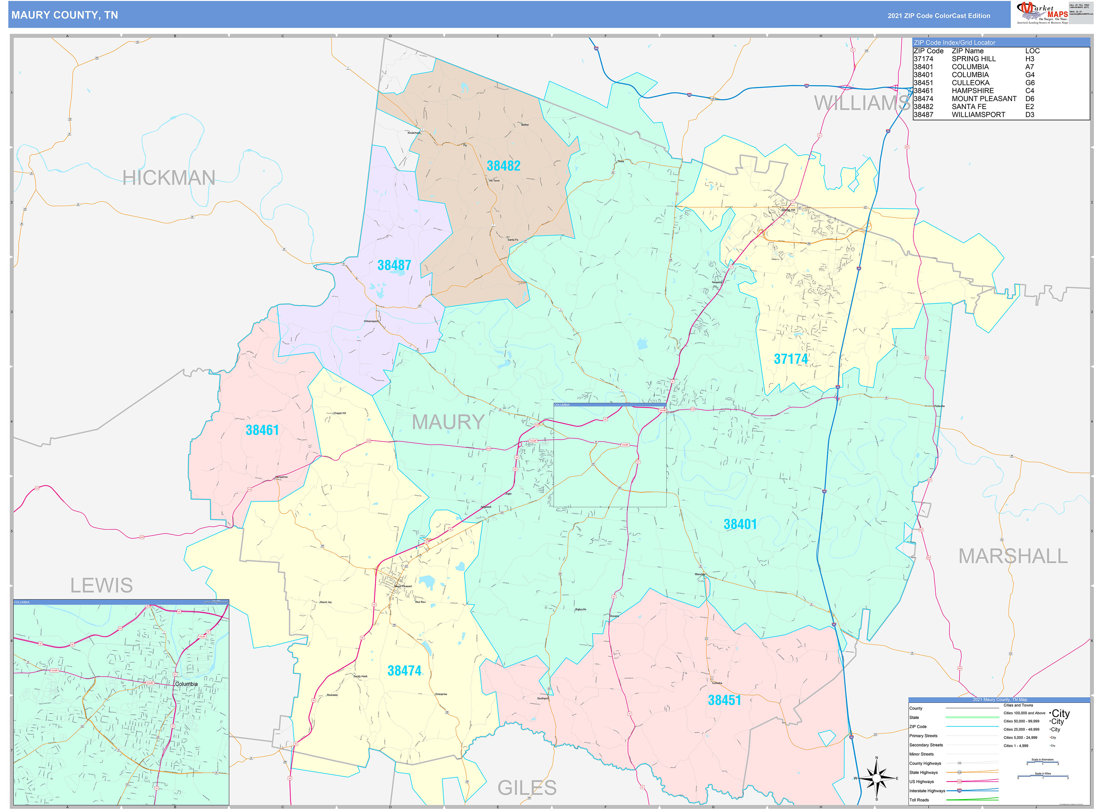 Maury County, TN Wall Map Color Cast Style by MarketMAPS